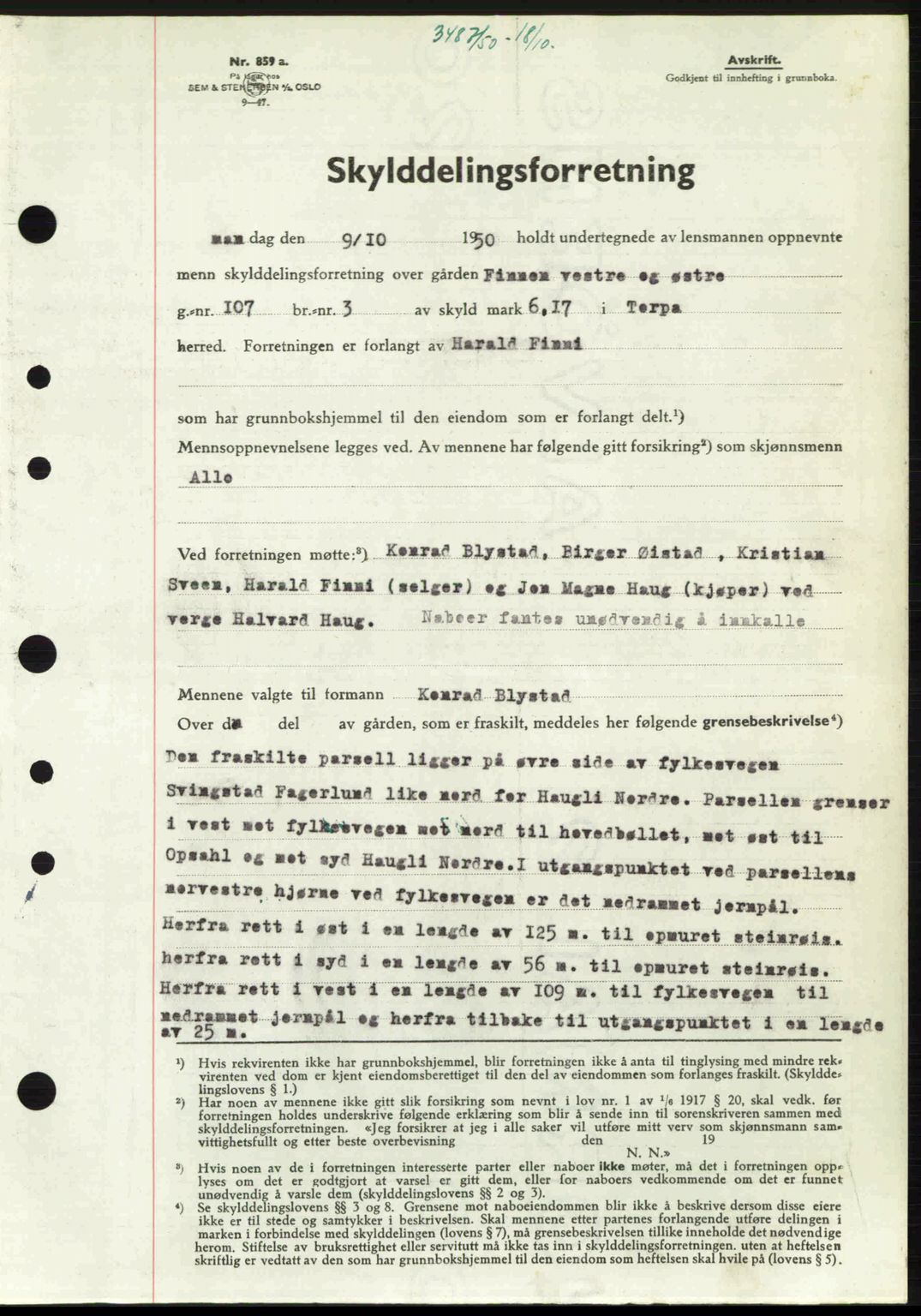 Hadeland og Land tingrett, AV/SAH-TING-010/H/Hb/Hbb/L0103: Mortgage book no. A103, 1950-1950, Diary no: : 3487/1950