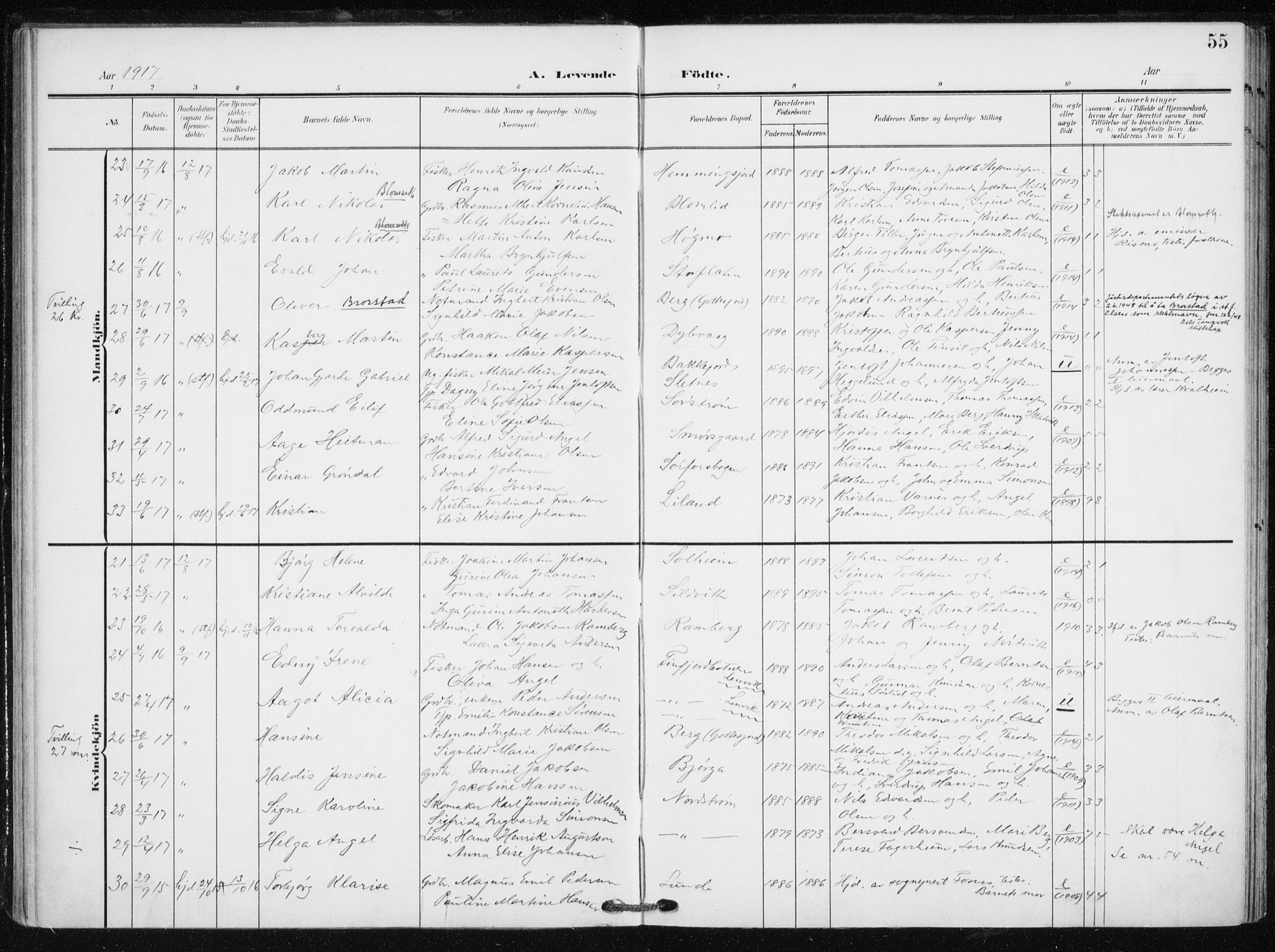 Tranøy sokneprestkontor, SATØ/S-1313/I/Ia/Iaa/L0012kirke: Parish register (official) no. 12, 1905-1918, p. 55