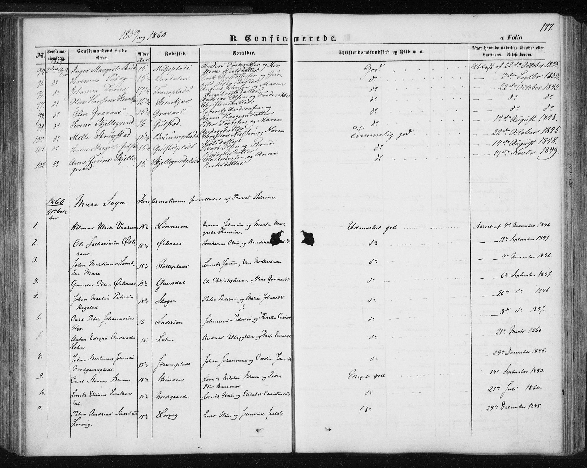 Ministerialprotokoller, klokkerbøker og fødselsregistre - Nord-Trøndelag, AV/SAT-A-1458/735/L0342: Parish register (official) no. 735A07 /1, 1849-1862, p. 177