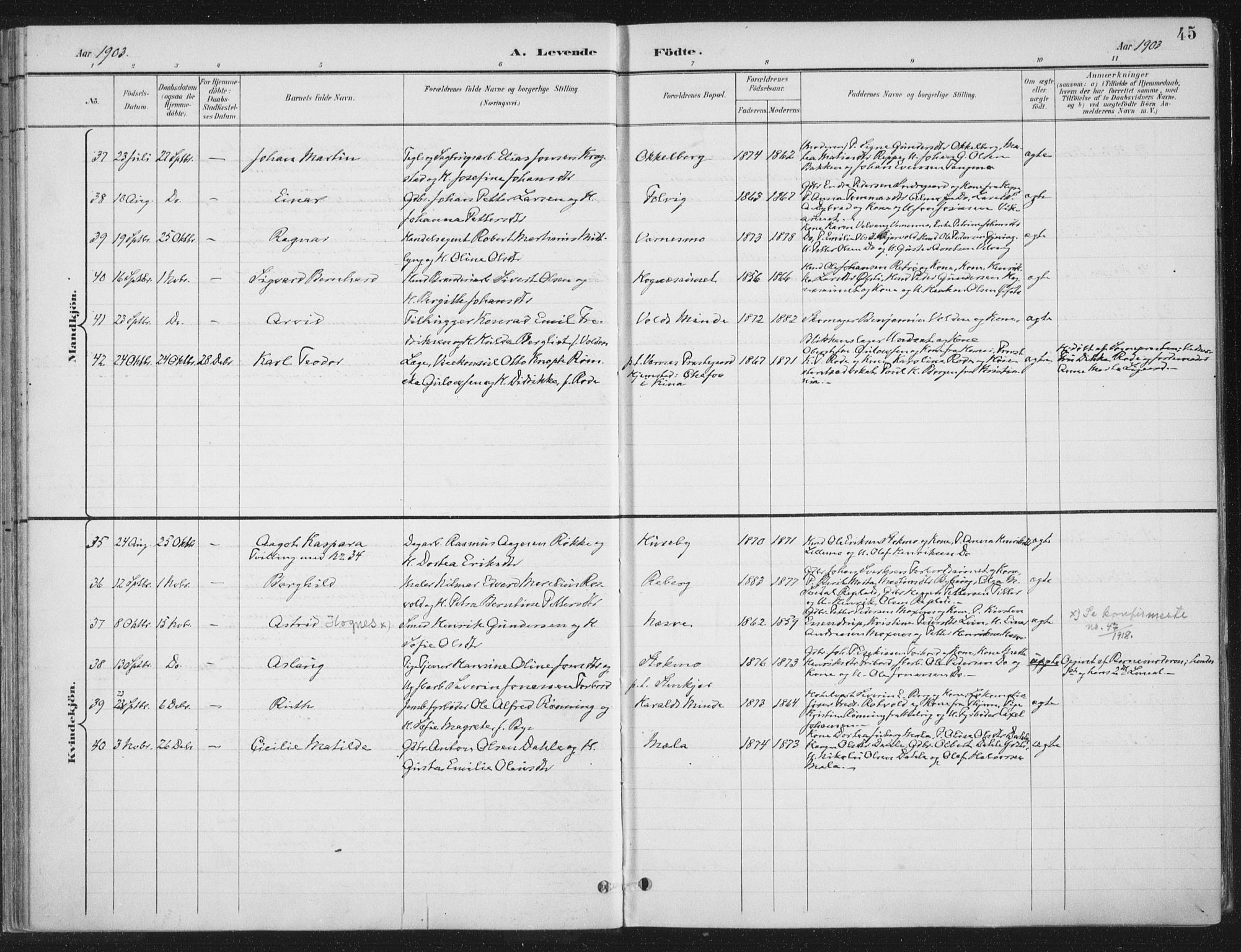Ministerialprotokoller, klokkerbøker og fødselsregistre - Nord-Trøndelag, SAT/A-1458/709/L0082: Parish register (official) no. 709A22, 1896-1916, p. 45