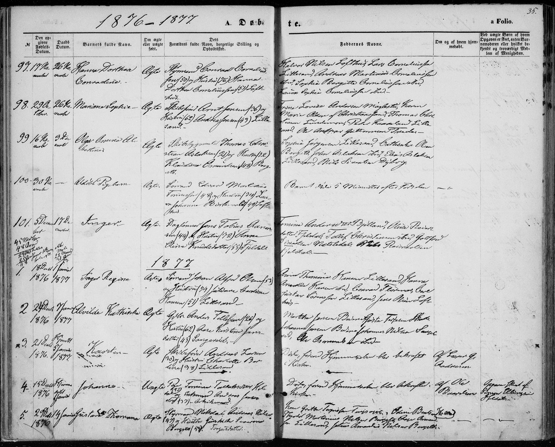 Vestre Moland sokneprestkontor, SAK/1111-0046/F/Fa/Fab/L0008: Parish register (official) no. A 8, 1873-1883, p. 35