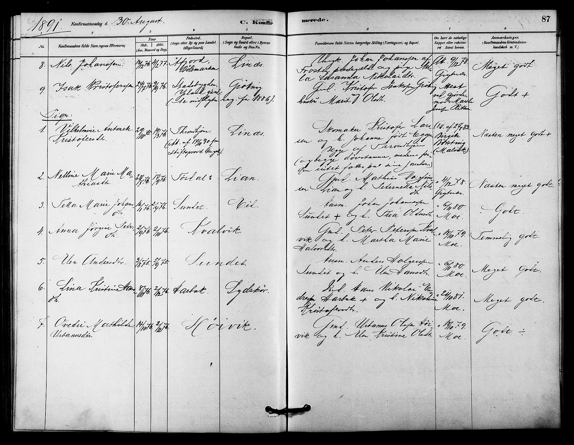 Ministerialprotokoller, klokkerbøker og fødselsregistre - Sør-Trøndelag, SAT/A-1456/656/L0692: Parish register (official) no. 656A01, 1879-1893, p. 87
