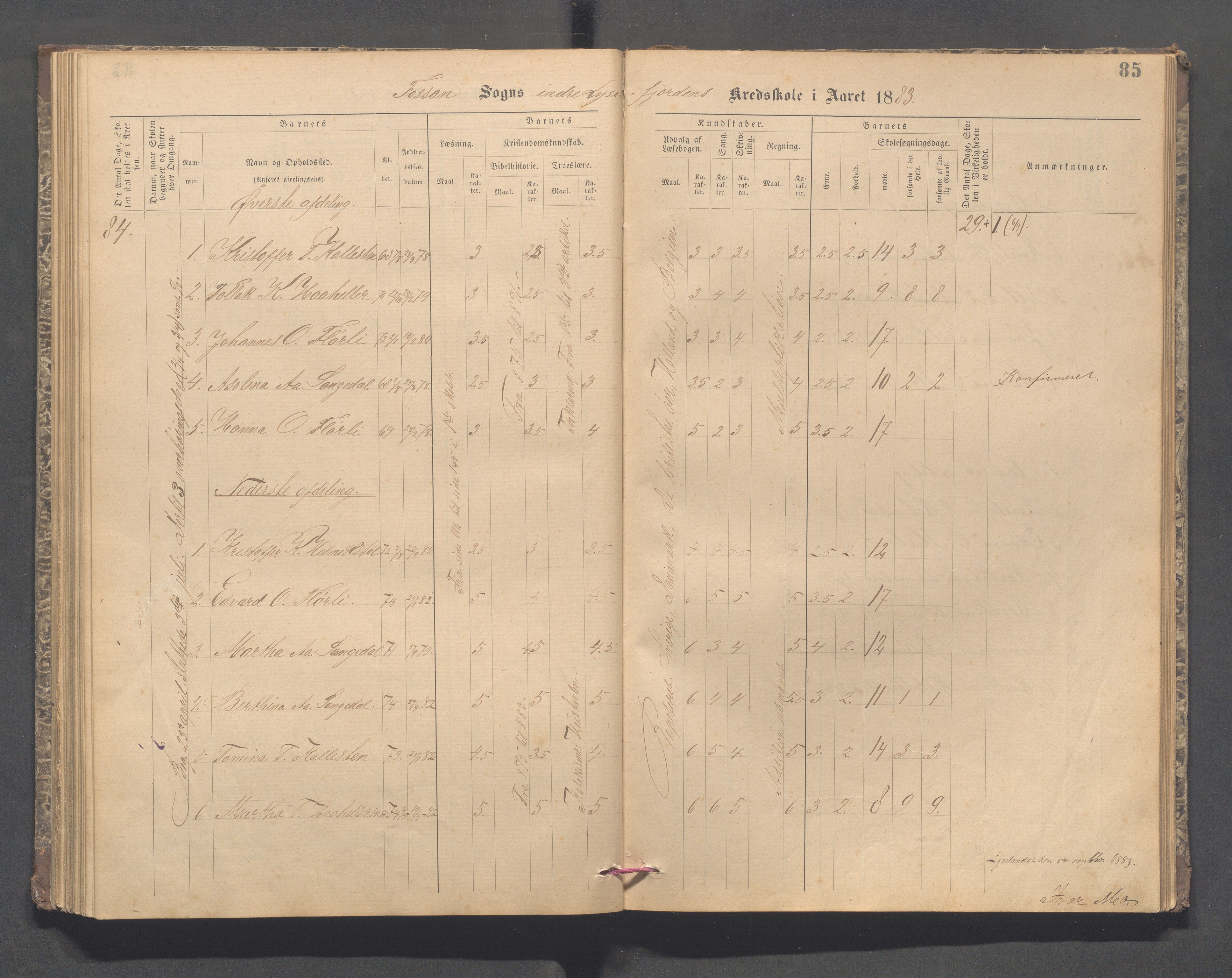 Forsand kommune - Lyse skole, IKAR/K-101613/H/L0001: Skoleprotokoll - Lyselandet, Indre Lysefjords enslige gårder, Kalleli omgangsskole, Songesand, Eiane, 1877-1894, p. 85