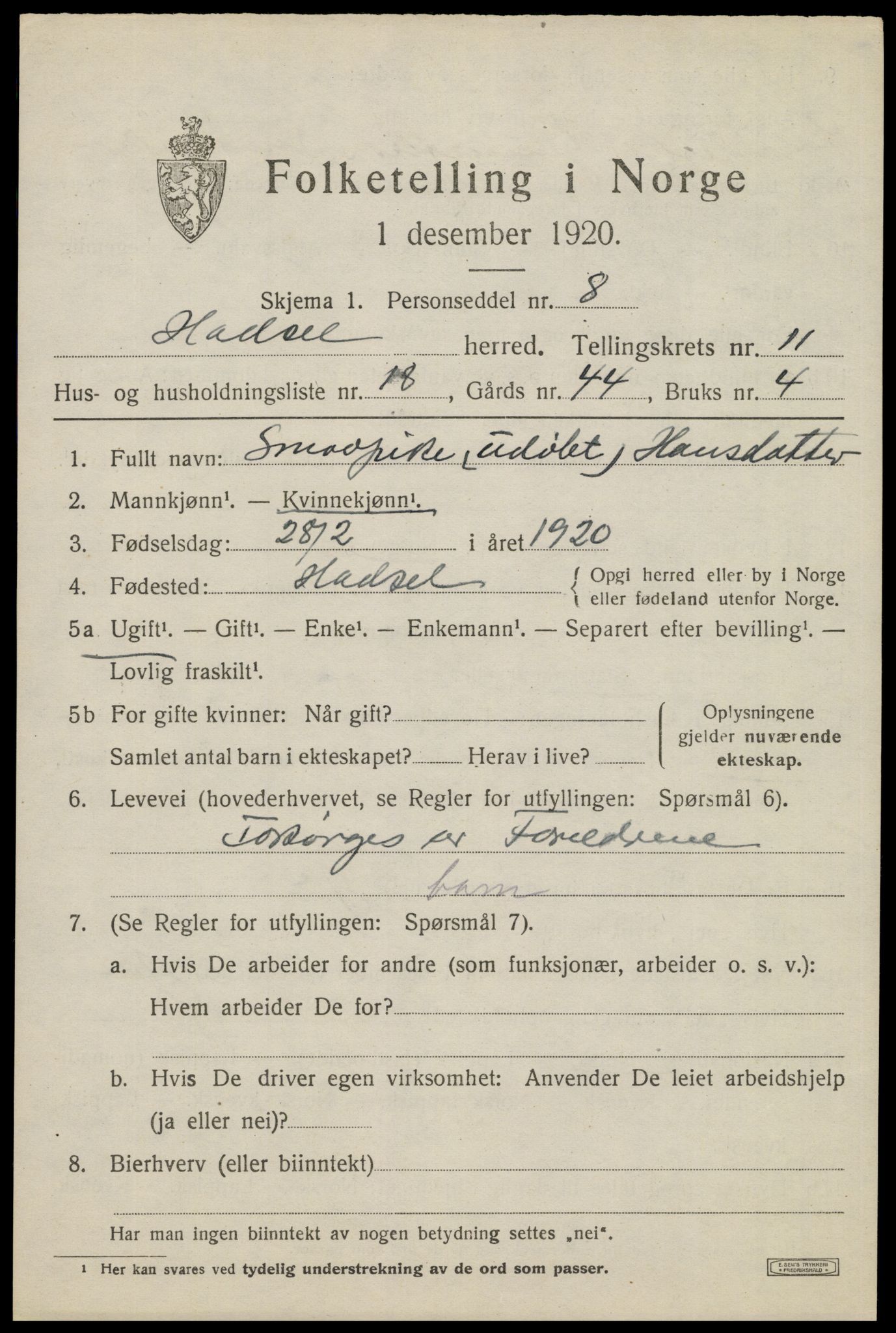 SAT, 1920 census for Hadsel, 1920, p. 8928