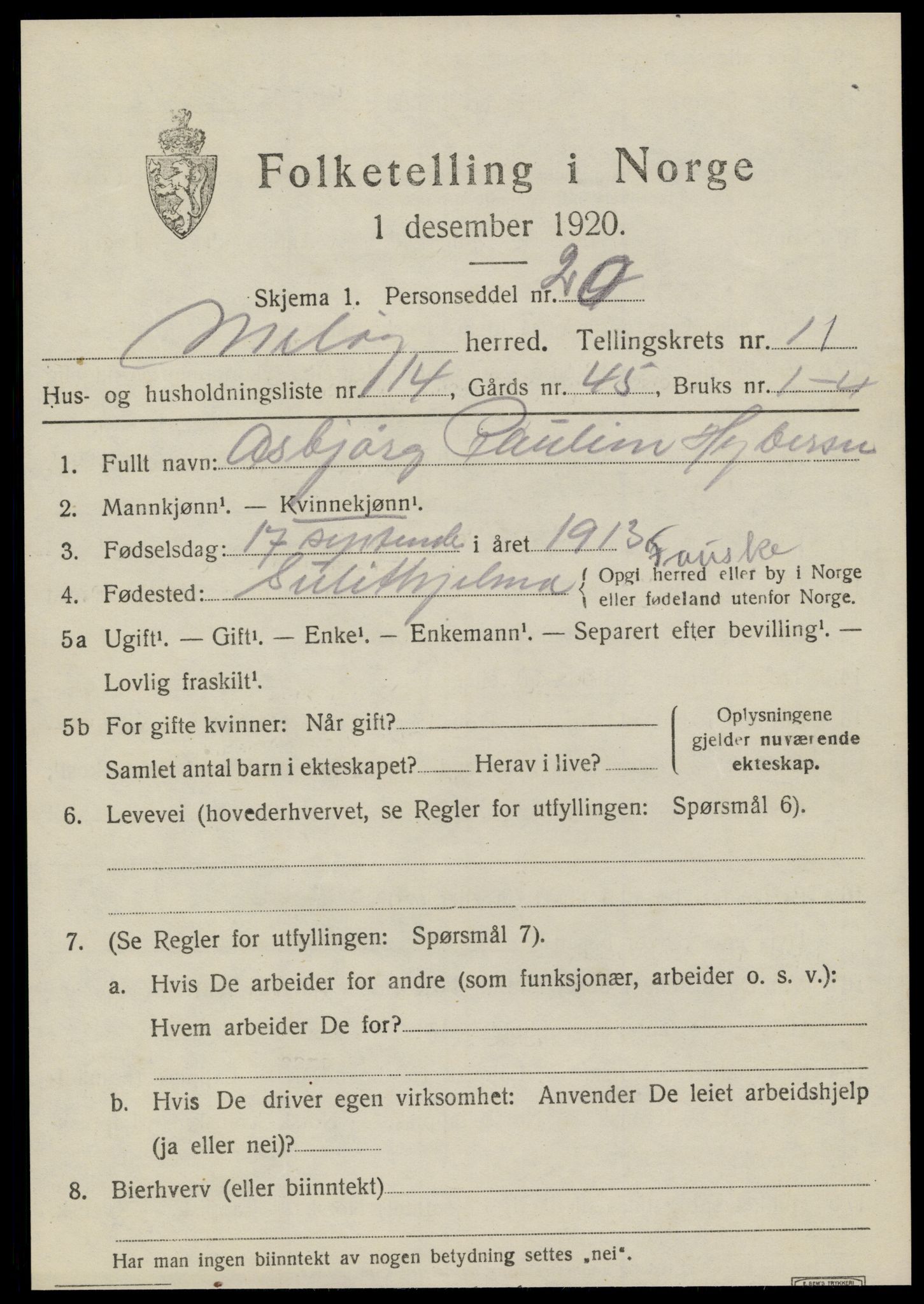 SAT, 1920 census for Meløy, 1920, p. 5837