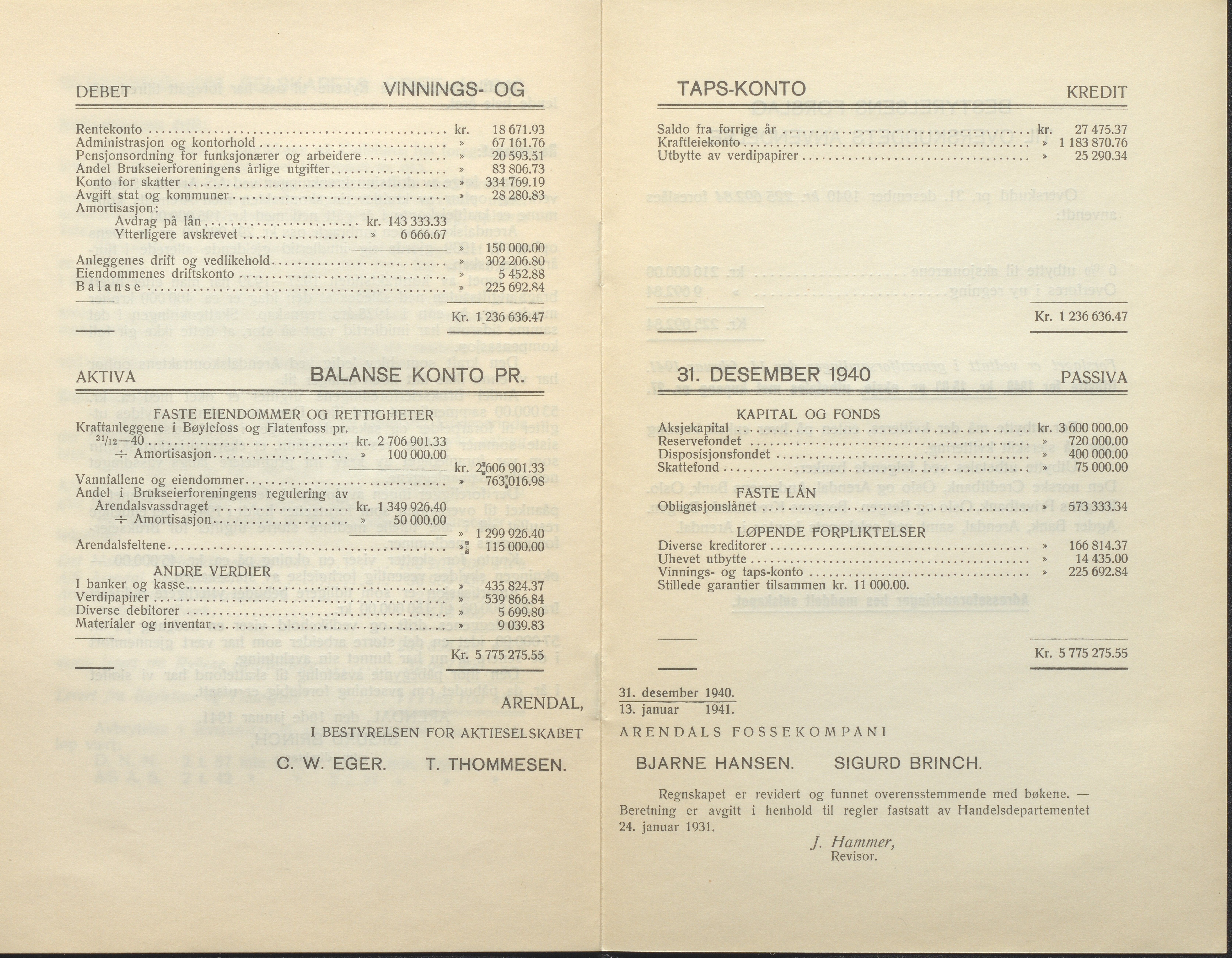 Arendals Fossekompani, AAKS/PA-2413/X/X01/L0001/0010: Beretninger, regnskap, balansekonto, gevinst- og tapskonto / Årsberetning og regnskap 1936 - 1942, 1936-1942