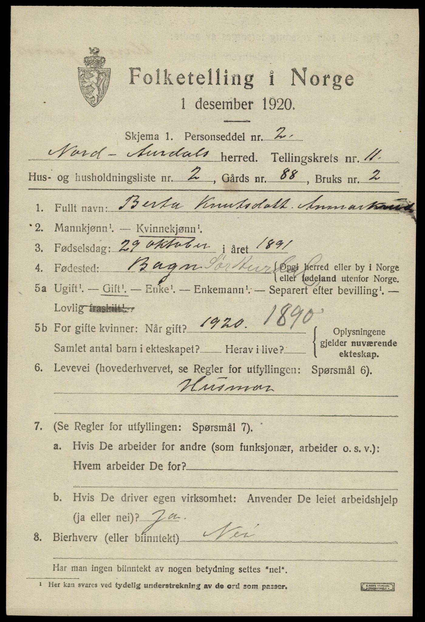 SAH, 1920 census for Nord-Aurdal, 1920, p. 8396