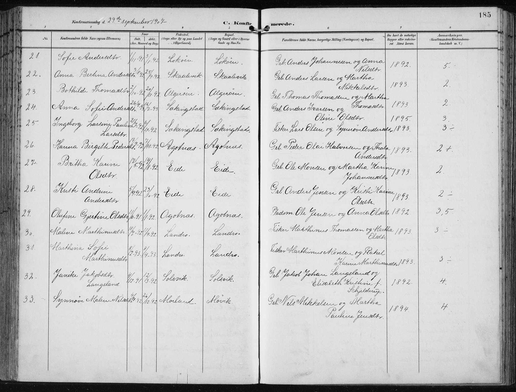 Fjell sokneprestembete, SAB/A-75301/H/Haa: Parish register (official) no. A  9, 1899-1910, p. 185