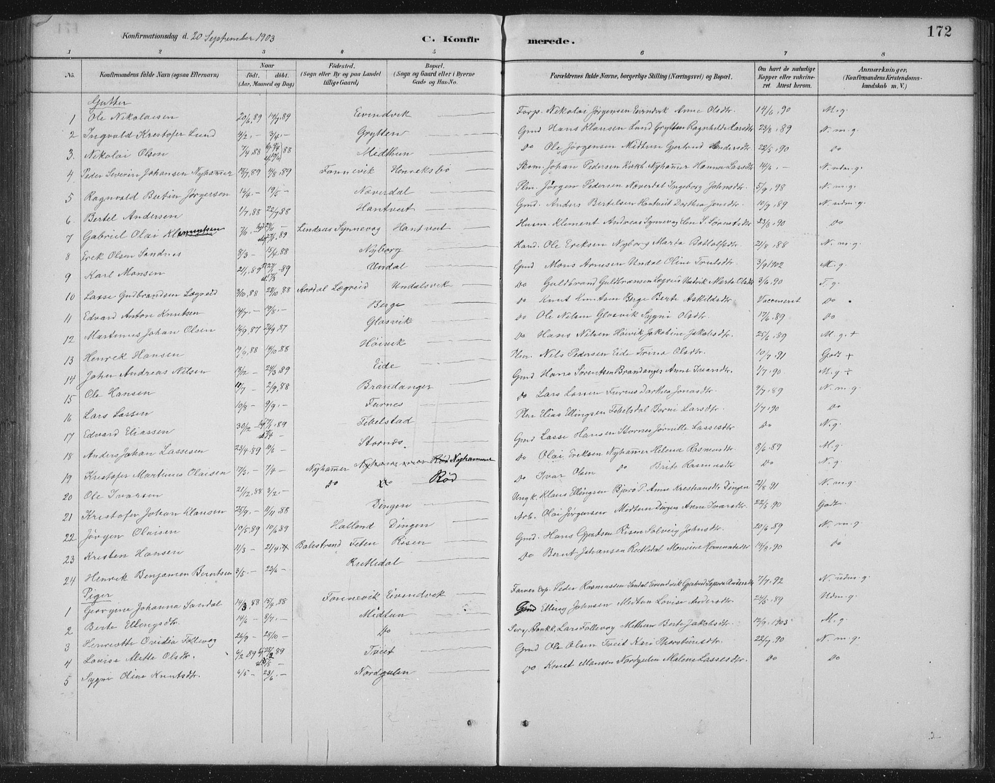 Gulen sokneprestembete, SAB/A-80201/H/Hab/Habb/L0003: Parish register (copy) no. B 3, 1884-1907, p. 172