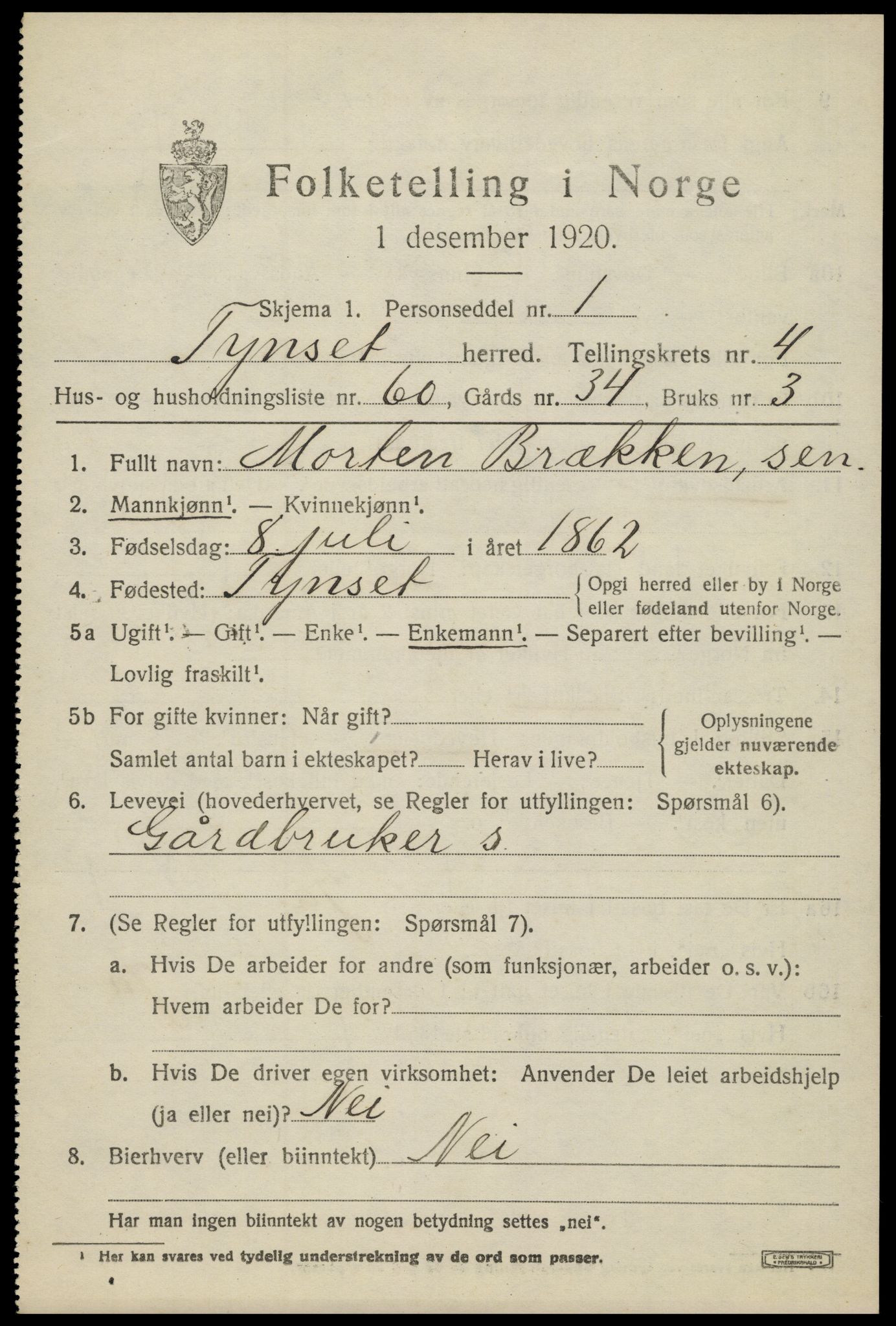 SAH, 1920 census for Tynset, 1920, p. 3958