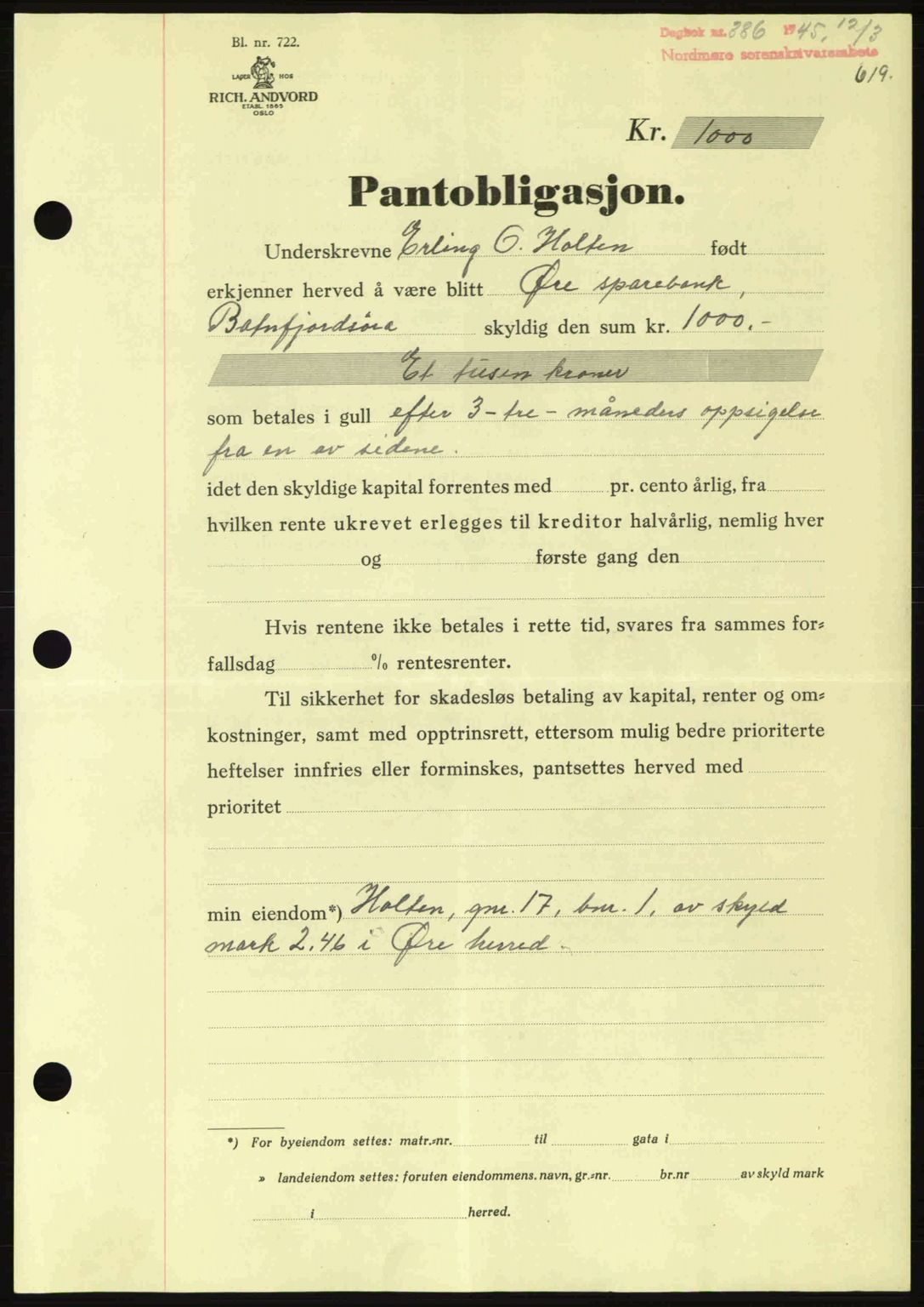 Nordmøre sorenskriveri, AV/SAT-A-4132/1/2/2Ca: Mortgage book no. B92, 1944-1945, Diary no: : 386/1945