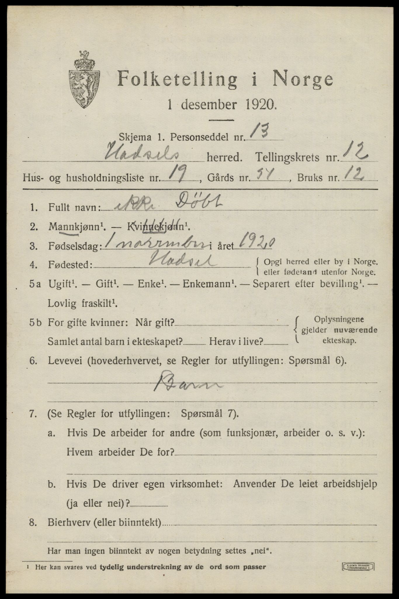 SAT, 1920 census for Hadsel, 1920, p. 9320