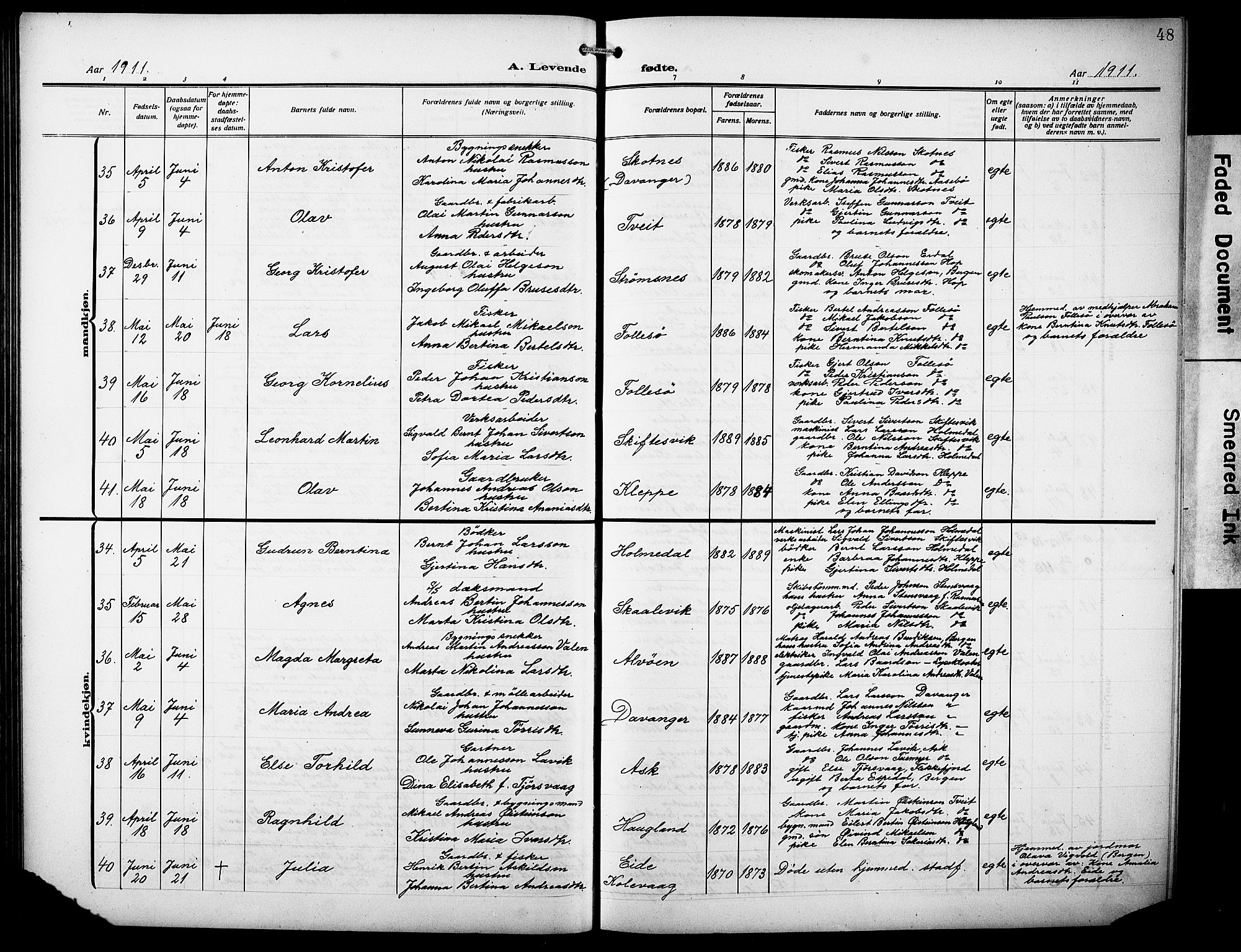 Askøy Sokneprestembete, SAB/A-74101/H/Ha/Hab/Haba/L0011: Parish register (copy) no. A 11, 1908-1931, p. 48