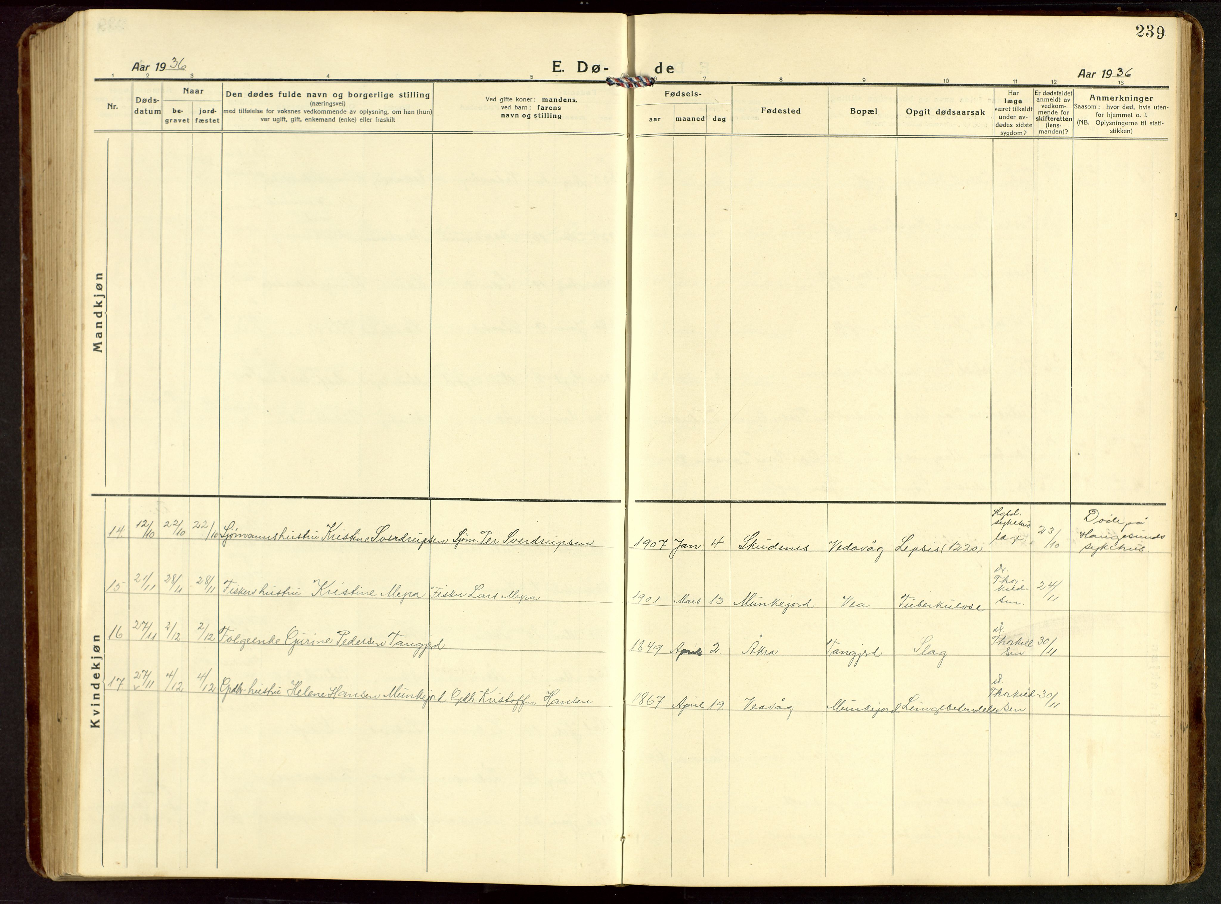 Kopervik sokneprestkontor, AV/SAST-A-101850/H/Ha/Hab/L0014: Parish register (copy) no. B 14, 1922-1947, p. 239