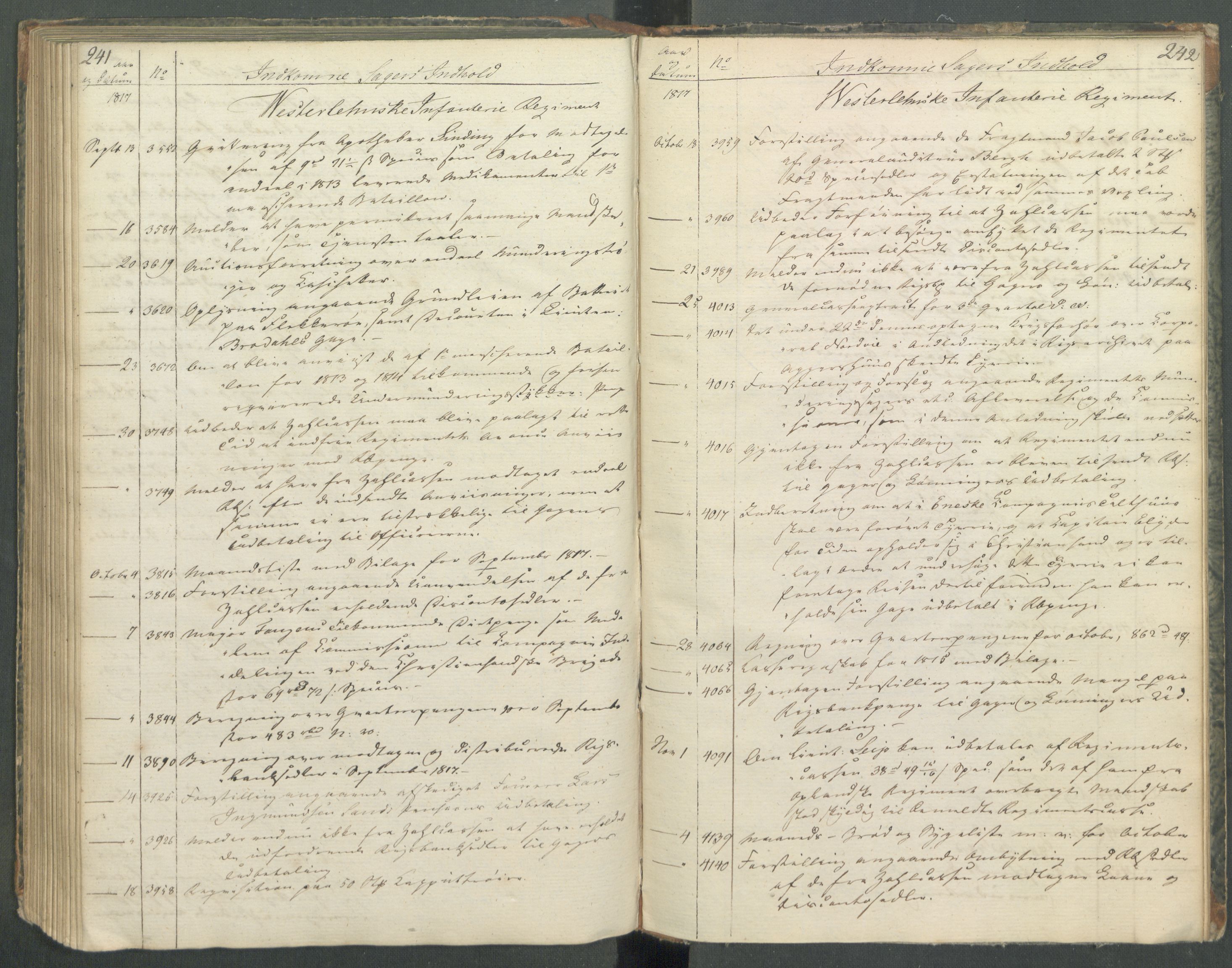 Armédepartementet, RA/RAFA-3493/C/Ca/L0013: 6. Departements register over innkomne saker, 1817, p. 241-242