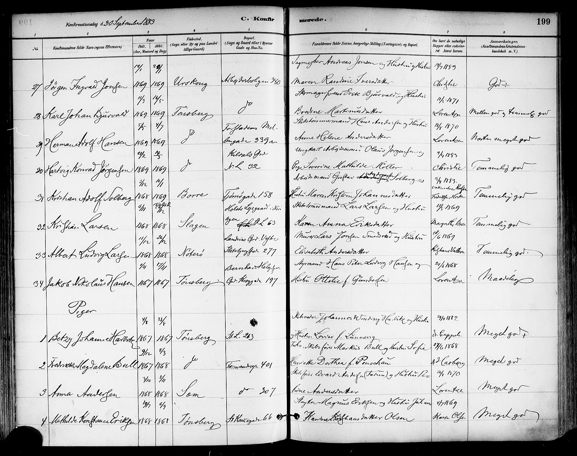 Tønsberg kirkebøker, AV/SAKO-A-330/F/Fa/L0011: Parish register (official) no. I 11, 1881-1890, p. 199