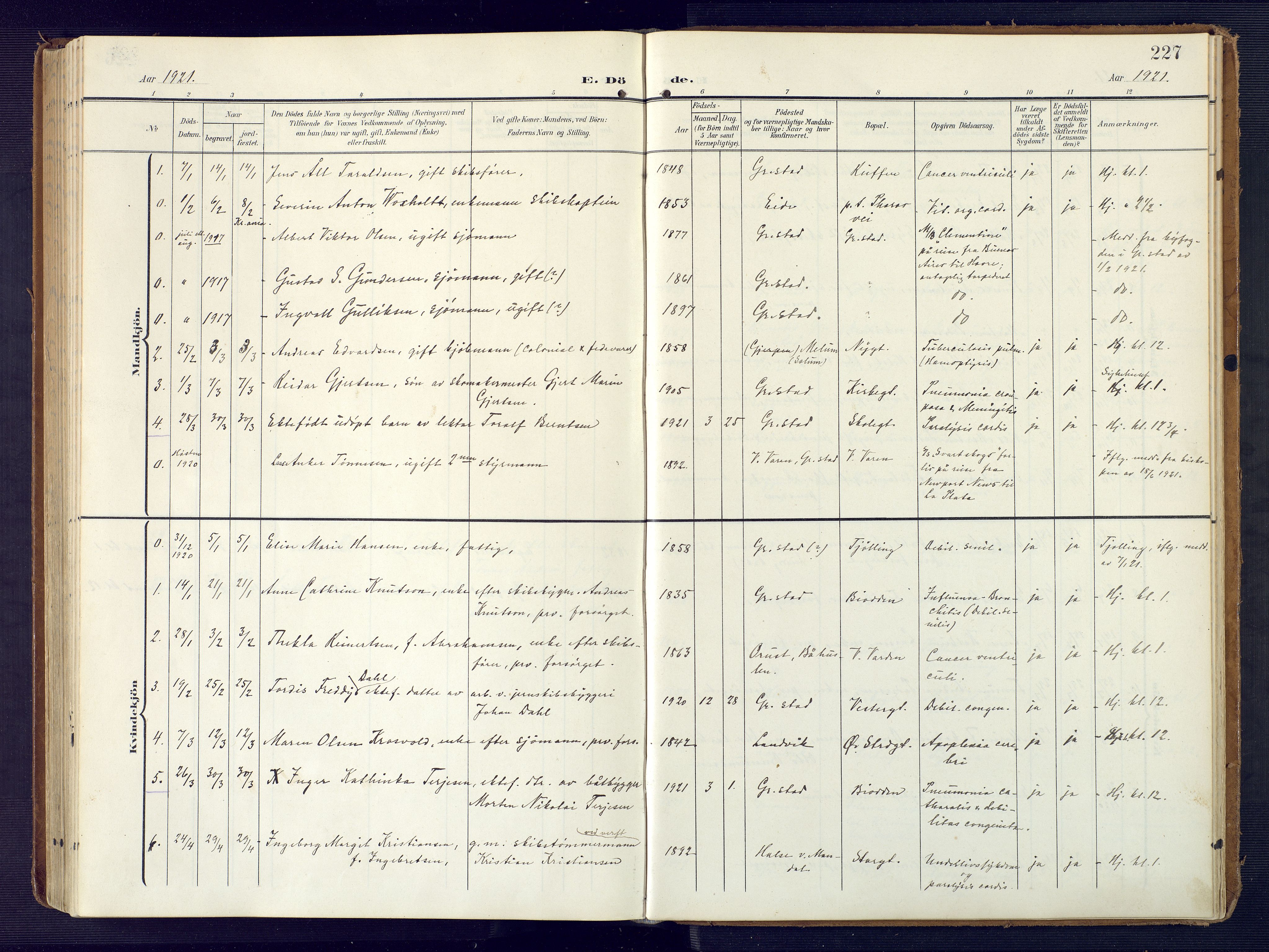 Grimstad sokneprestkontor, SAK/1111-0017/F/Fa/L0005: Parish register (official) no. A 4, 1911-1924, p. 227
