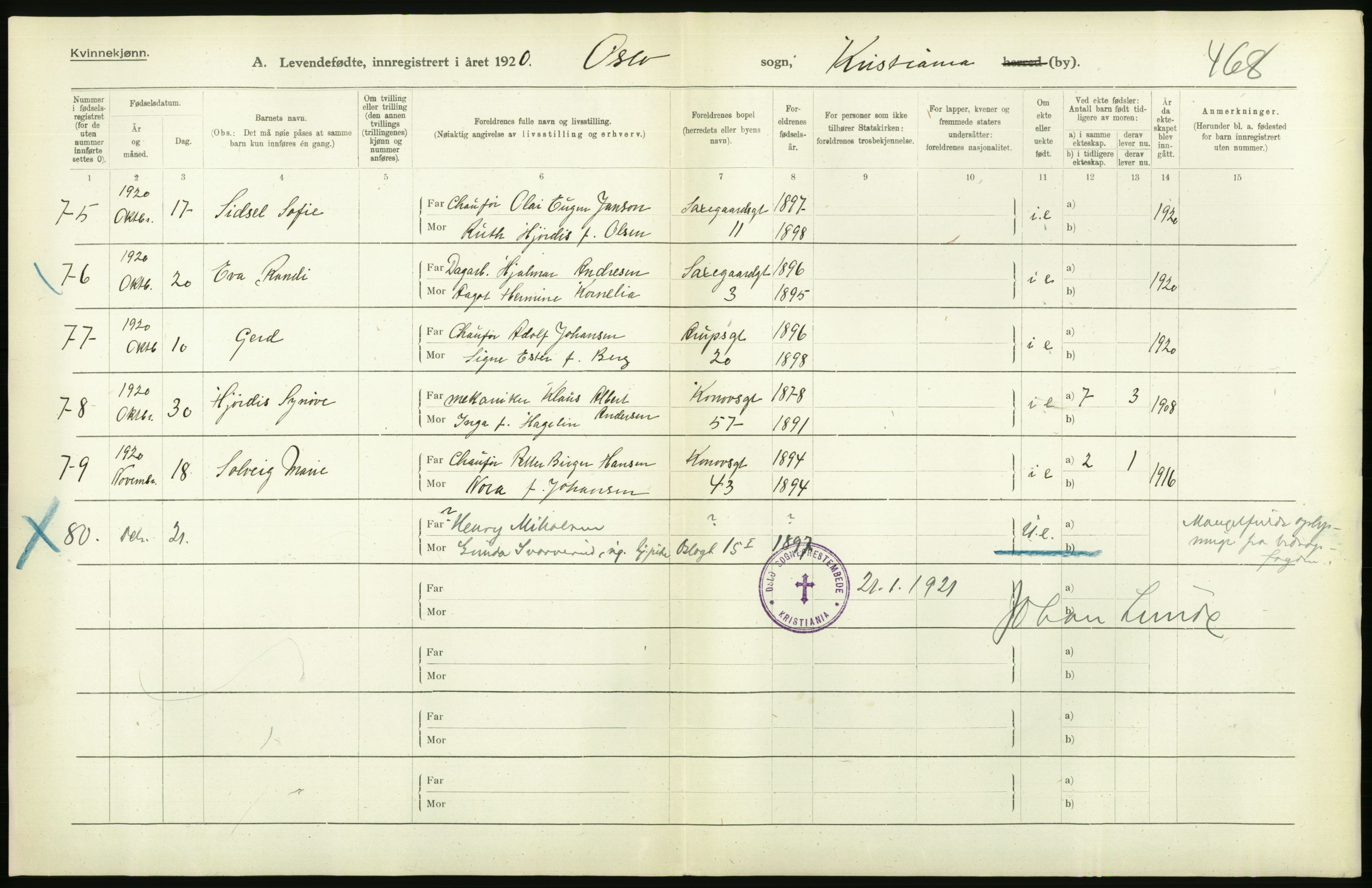 Statistisk sentralbyrå, Sosiodemografiske emner, Befolkning, AV/RA-S-2228/D/Df/Dfb/Dfbj/L0008: Kristiania: Levendefødte menn og kvinner., 1920, p. 52