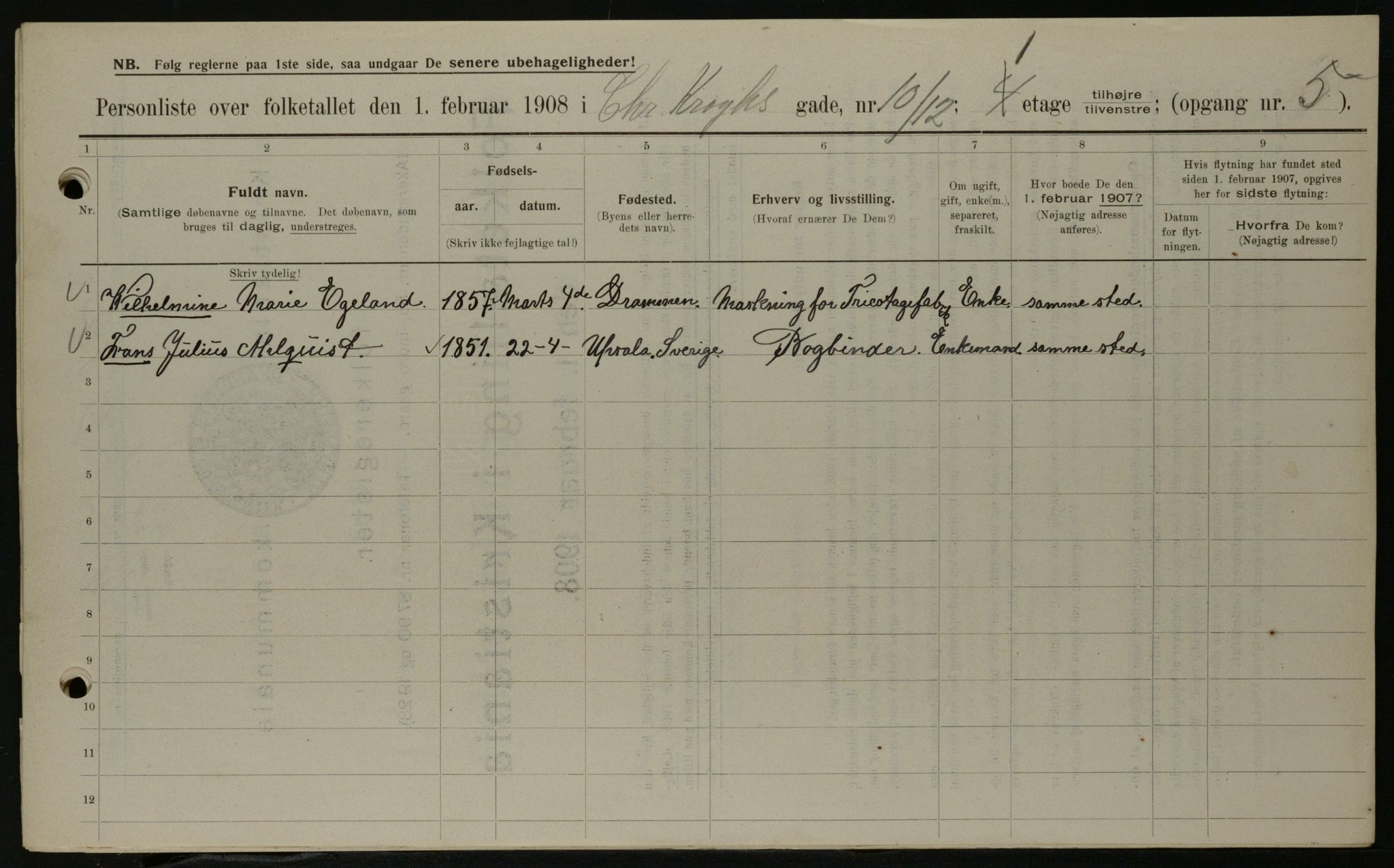 OBA, Municipal Census 1908 for Kristiania, 1908, p. 11054