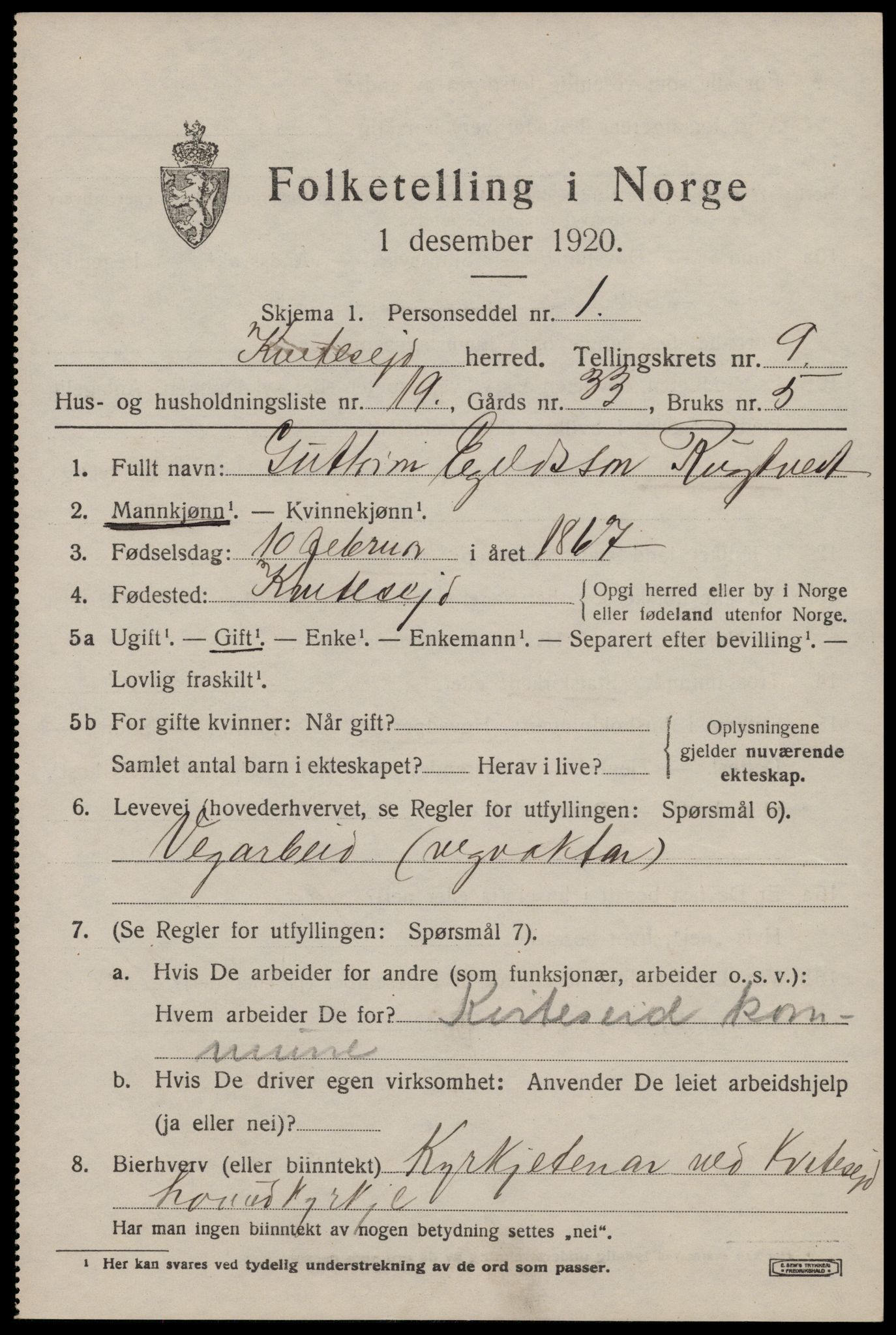 SAKO, 1920 census for Kviteseid, 1920, p. 4373