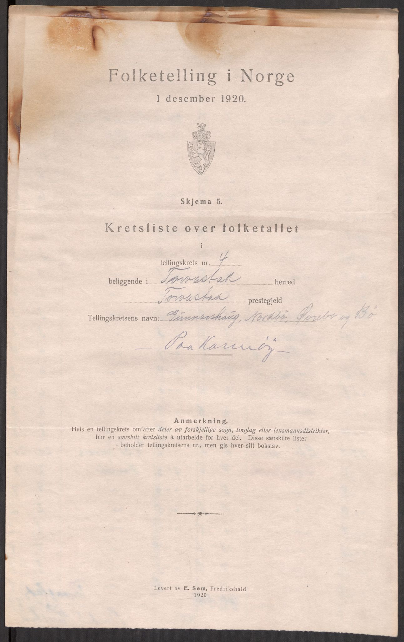 SAST, 1920 census for Torvastad, 1920, p. 18