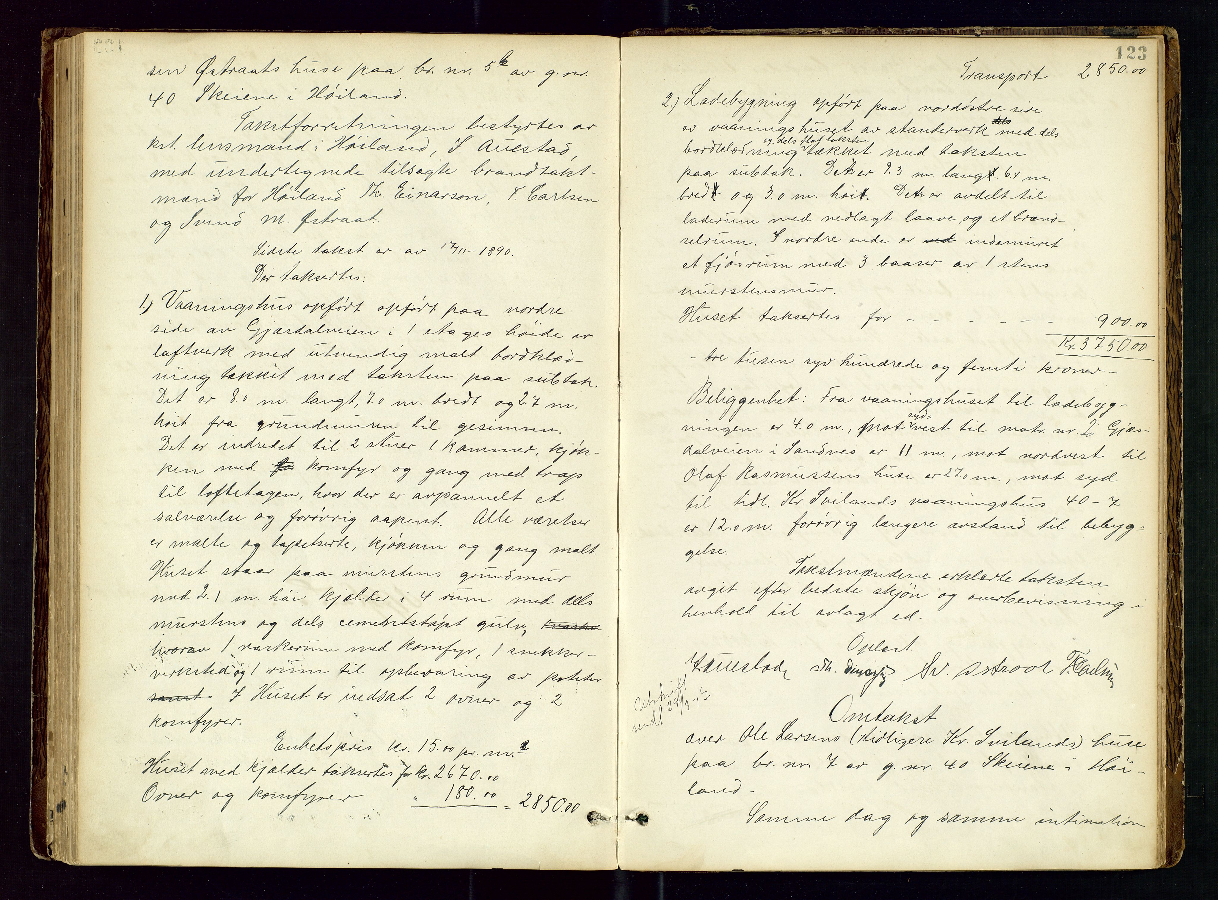 Høyland/Sandnes lensmannskontor, AV/SAST-A-100166/Goa/L0002: "Brandtaxtprotokol for Landafdelingen i Høiland", 1880-1917, p. 122b-123a