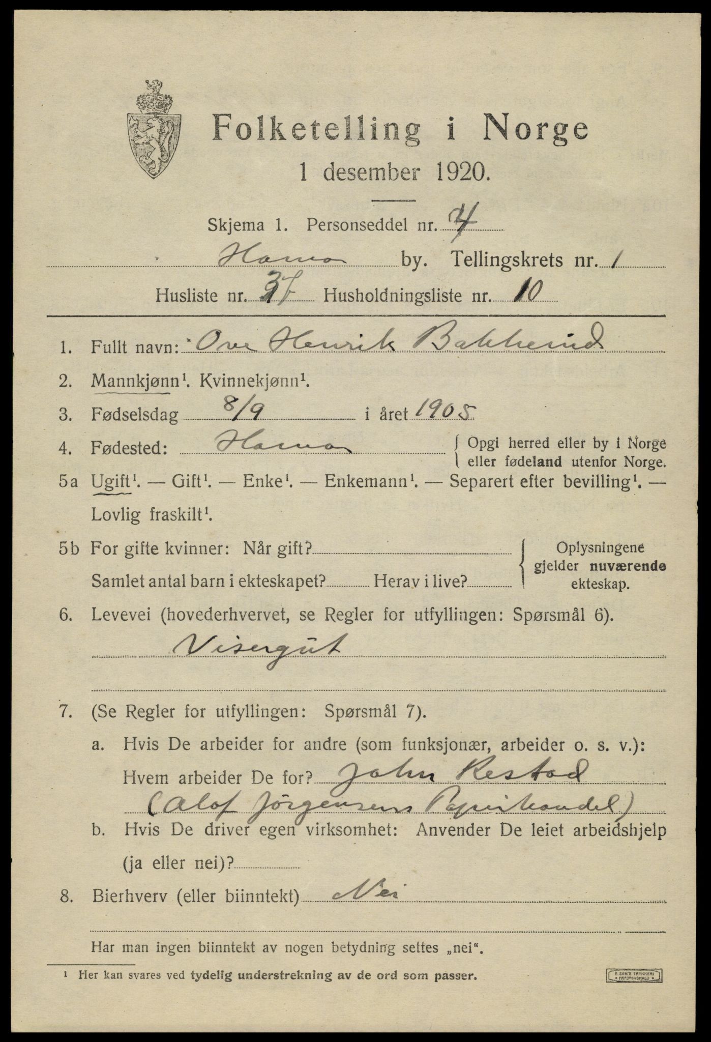 SAH, 1920 census for Hamar, 1920, p. 5141