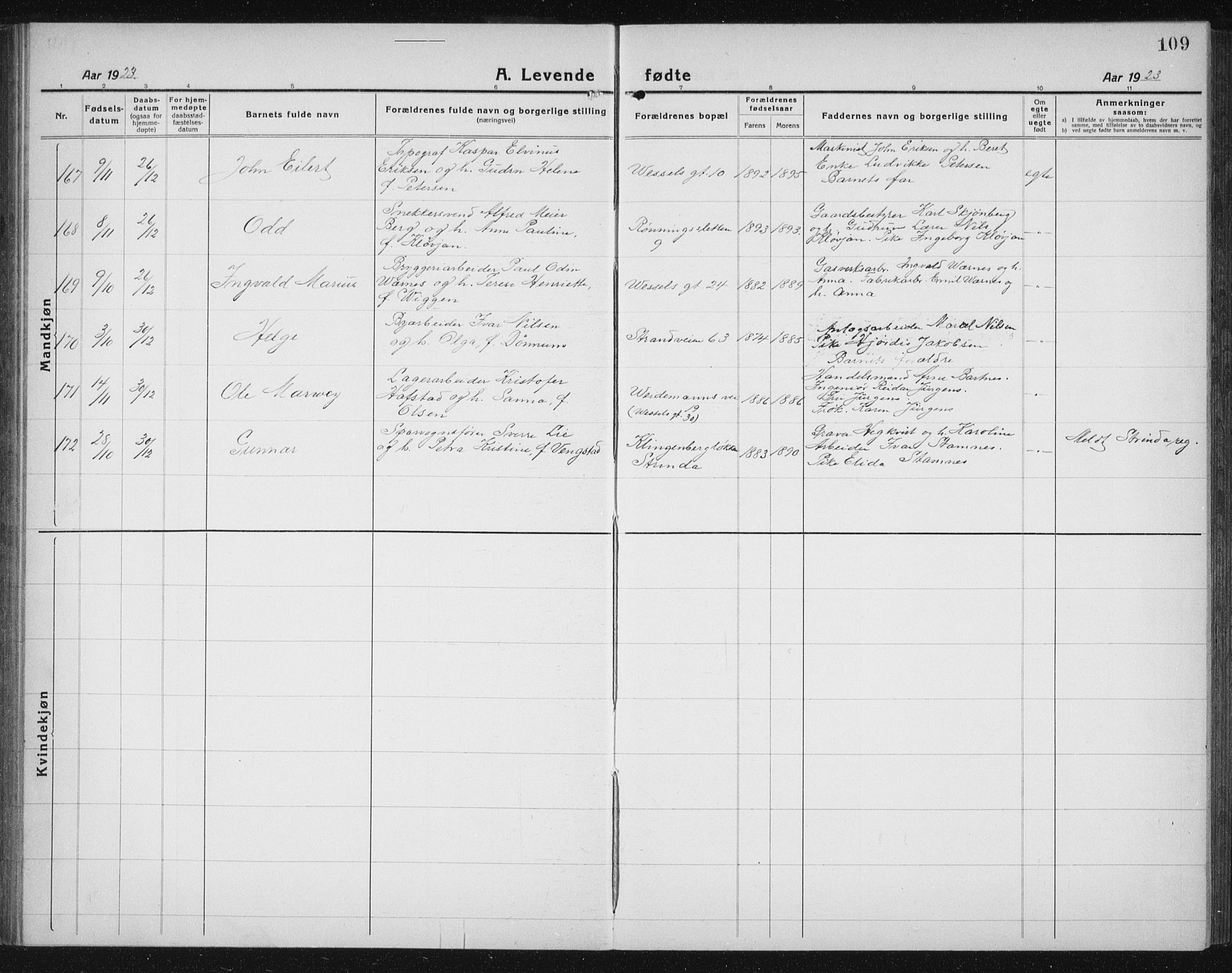 Ministerialprotokoller, klokkerbøker og fødselsregistre - Sør-Trøndelag, SAT/A-1456/605/L0259: Parish register (copy) no. 605C06, 1920-1937, p. 109