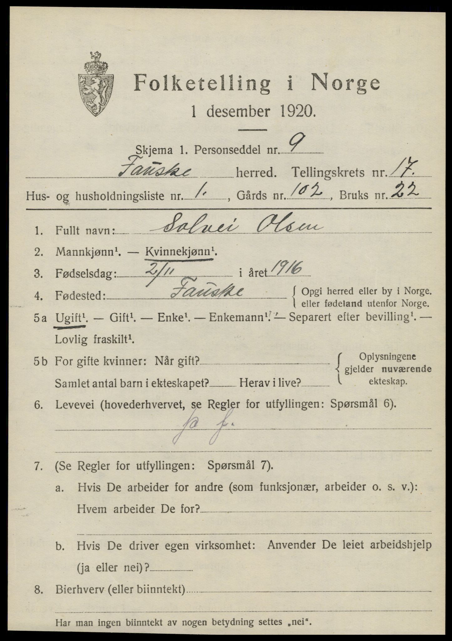 SAT, 1920 census for Fauske, 1920, p. 10454