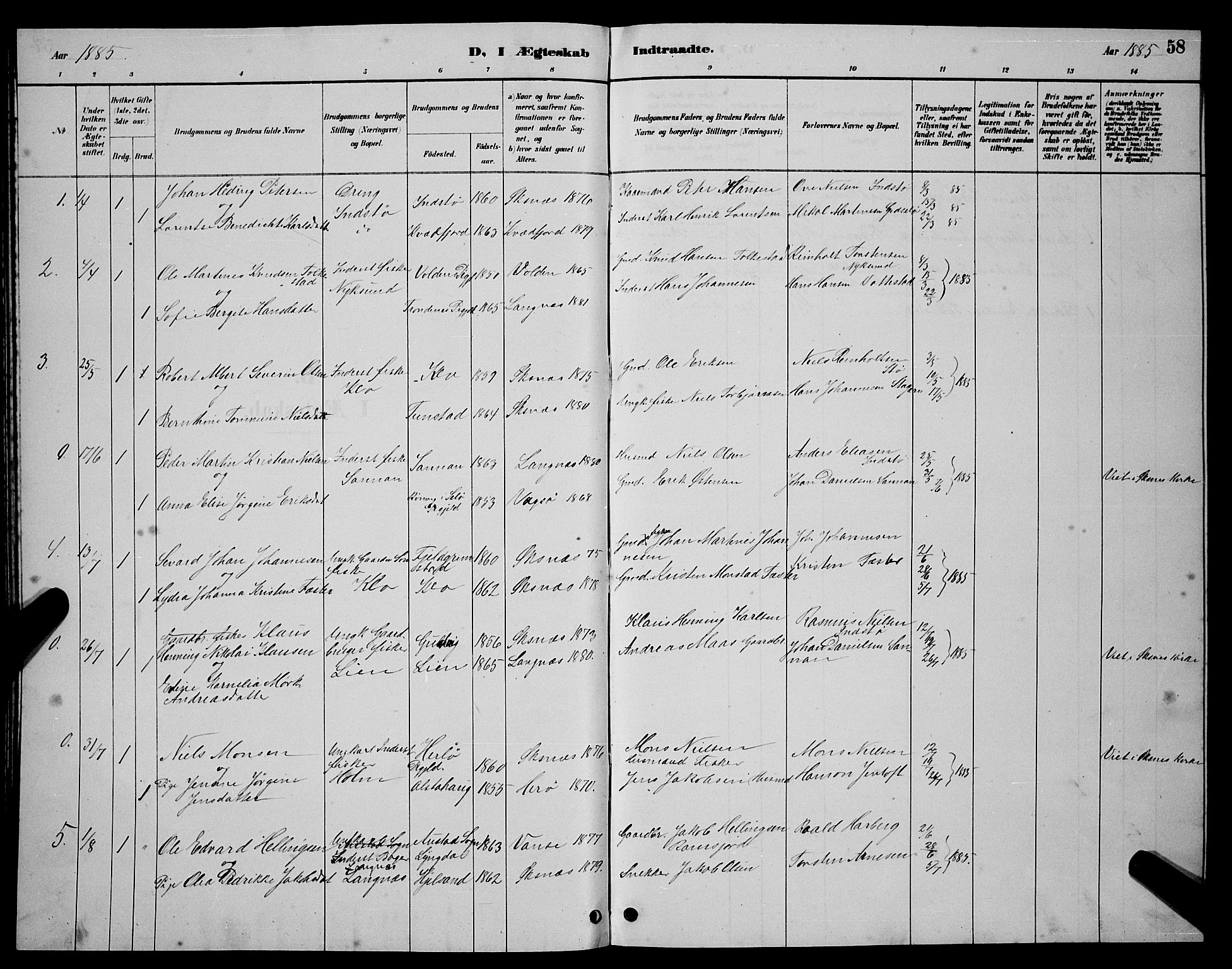 Ministerialprotokoller, klokkerbøker og fødselsregistre - Nordland, AV/SAT-A-1459/894/L1360: Parish register (copy) no. 894C03, 1885-1888, p. 58