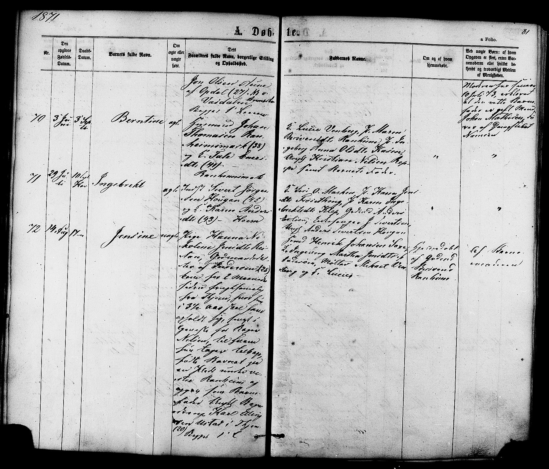 Ministerialprotokoller, klokkerbøker og fødselsregistre - Sør-Trøndelag, SAT/A-1456/606/L0293: Parish register (official) no. 606A08, 1866-1877, p. 81