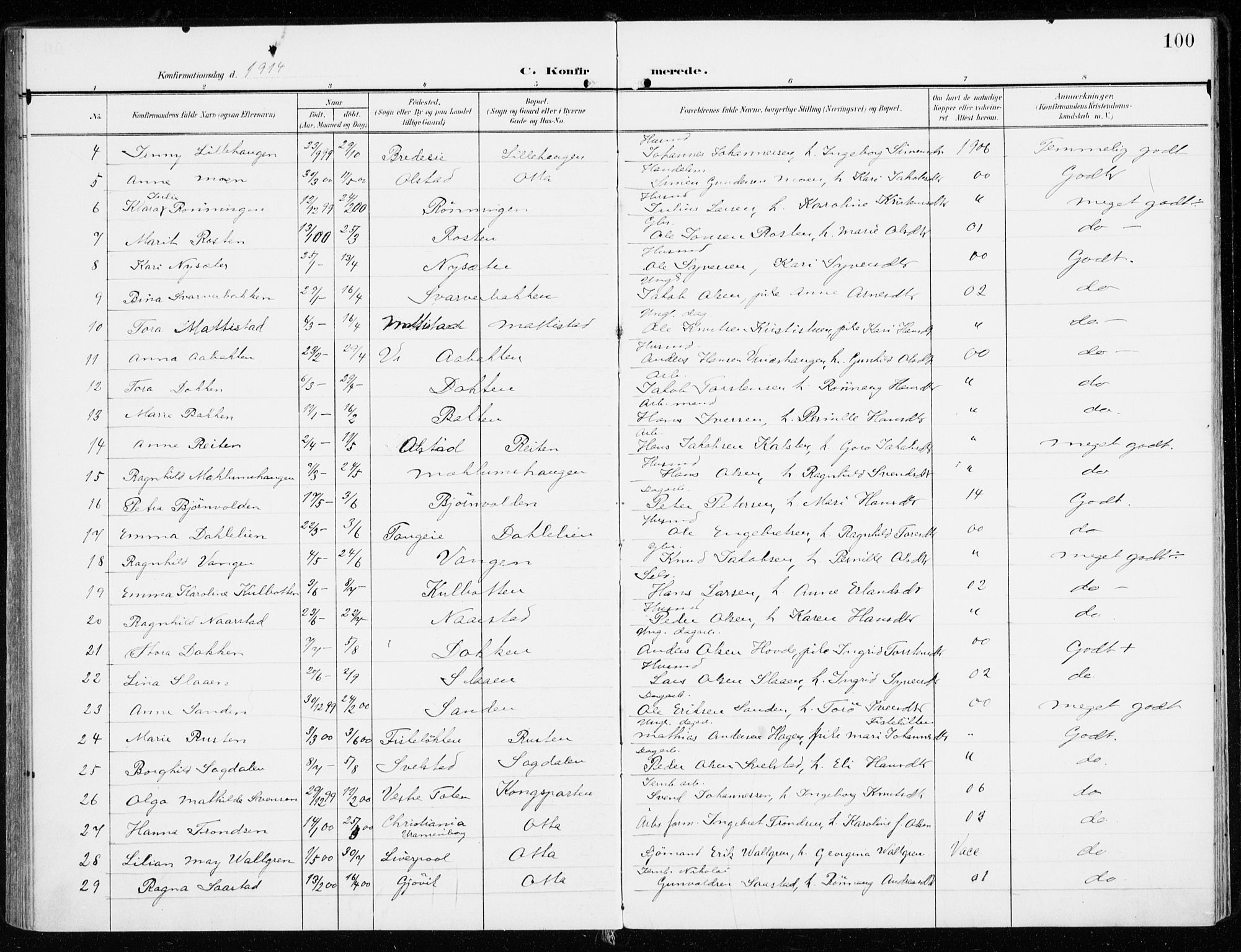 Sel prestekontor, SAH/PREST-074/H/Ha/Haa/L0002: Parish register (official) no. 2, 1905-1919, p. 100