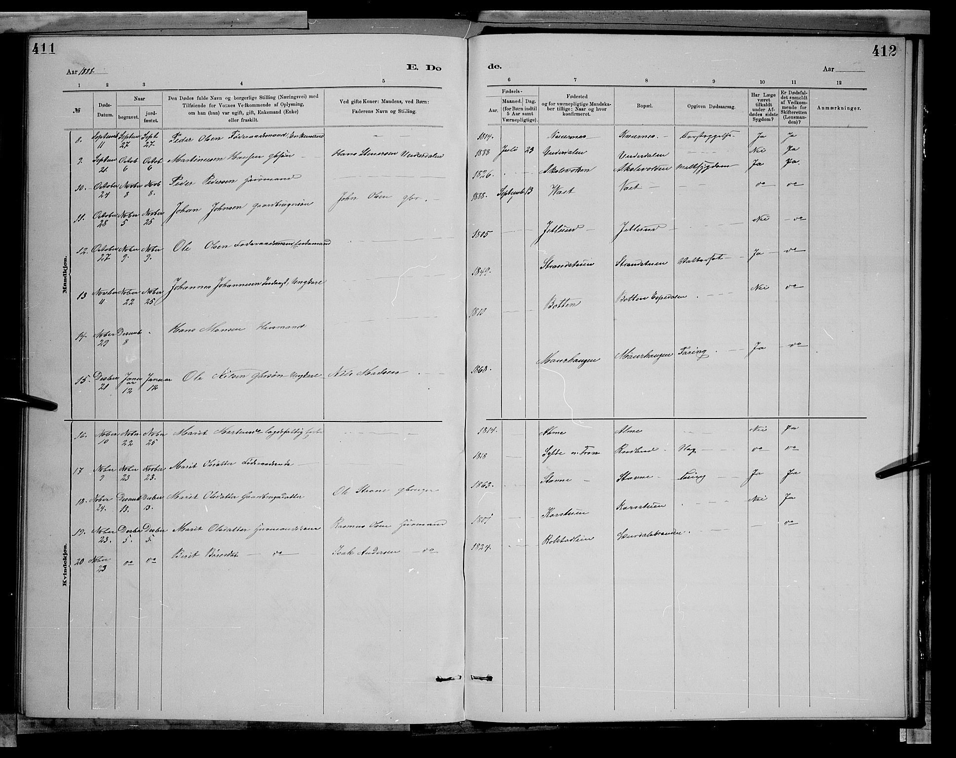 Sør-Fron prestekontor, SAH/PREST-010/H/Ha/Hab/L0003: Parish register (copy) no. 3, 1884-1896, p. 411-412