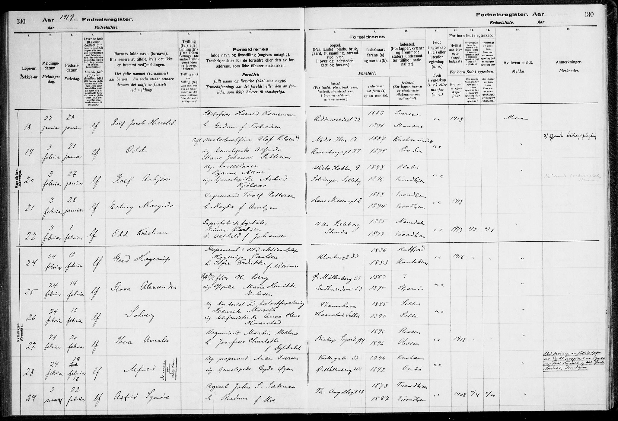 Ministerialprotokoller, klokkerbøker og fødselsregistre - Sør-Trøndelag, AV/SAT-A-1456/600/L0002: Birth register no. 600.II.4.1, 1916-1920, p. 130