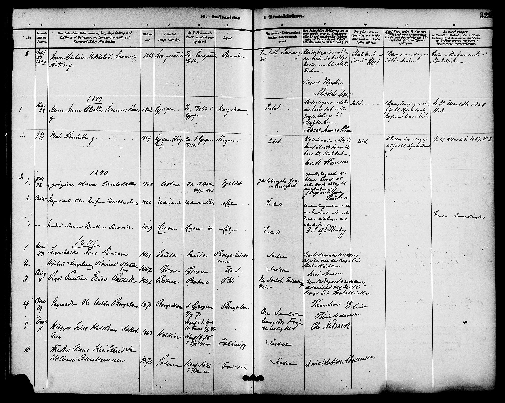 Gjerpen kirkebøker, SAKO/A-265/F/Fa/L0010: Parish register (official) no. I 10, 1886-1895, p. 329