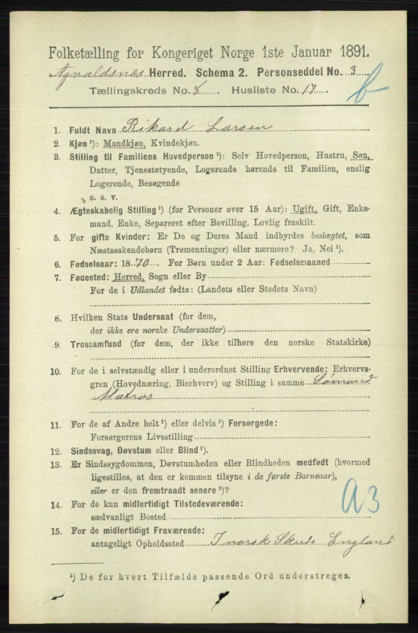 RA, 1891 census for 1147 Avaldsnes, 1891, p. 4295