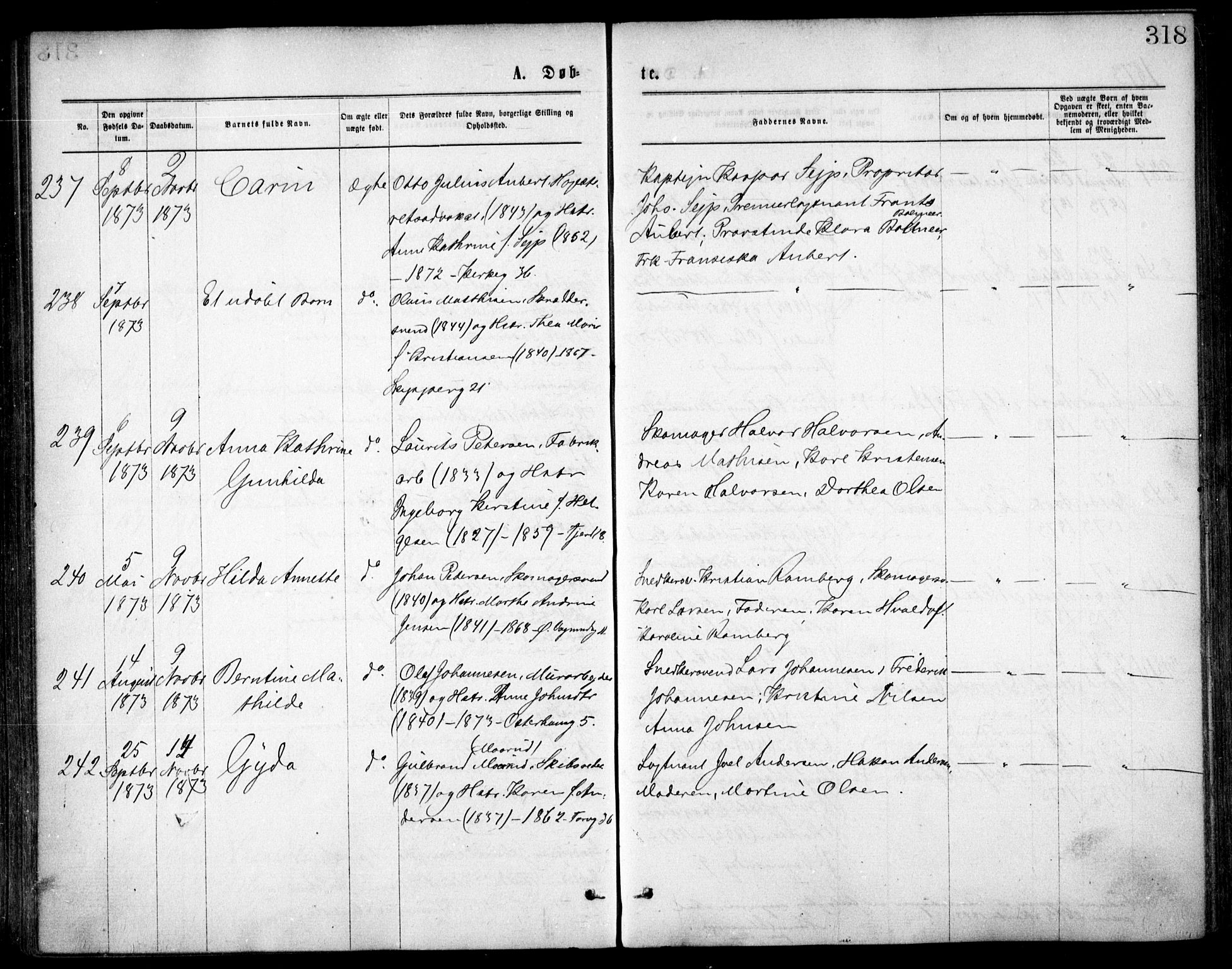 Oslo domkirke Kirkebøker, SAO/A-10752/F/Fa/L0017: Parish register (official) no. 17, 1869-1878, p. 318