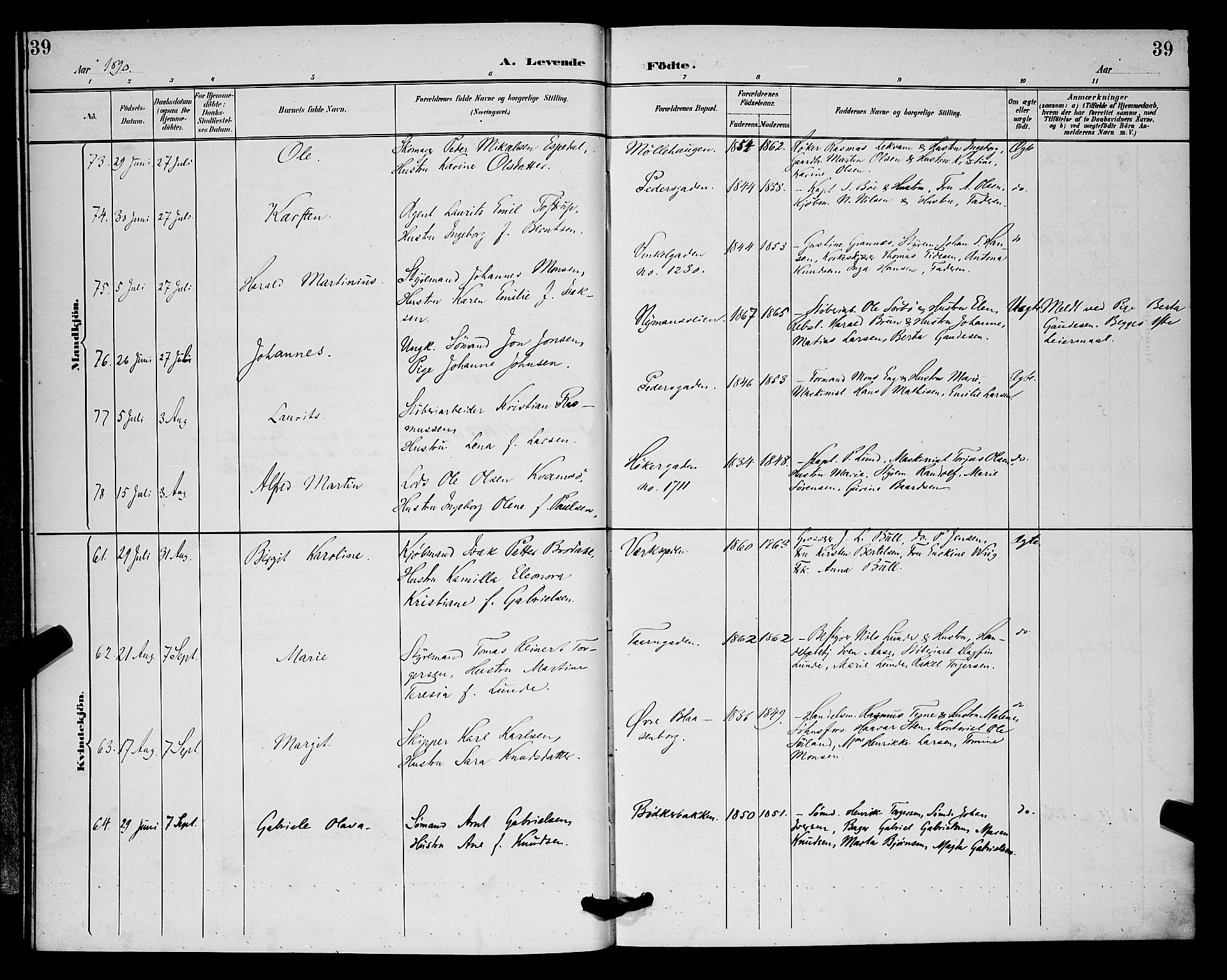 St. Johannes sokneprestkontor, SAST/A-101814/001/30/30BB/L0002: Parish register (copy) no. B 2, 1888-1901, p. 39