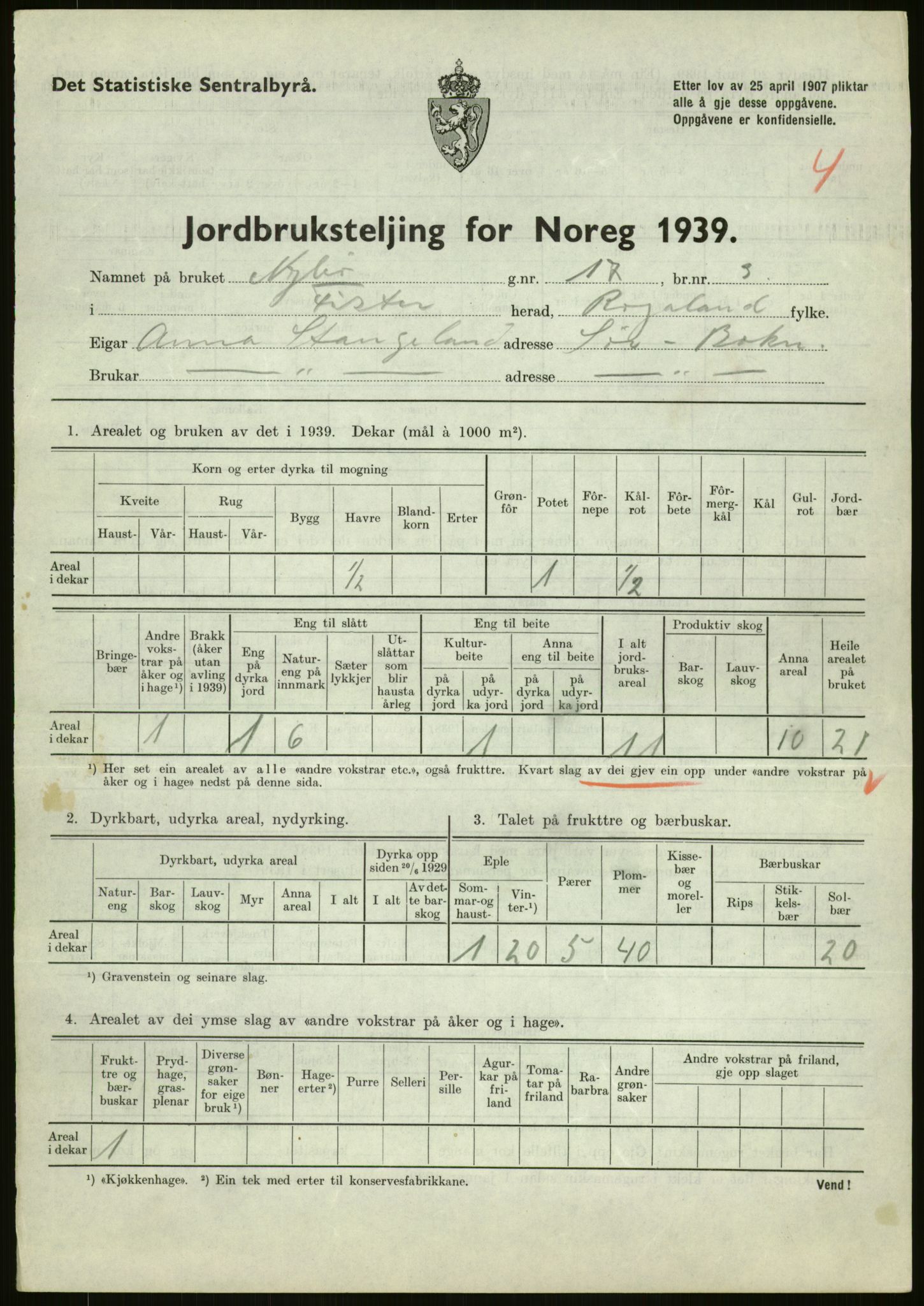 Statistisk sentralbyrå, Næringsøkonomiske emner, Jordbruk, skogbruk, jakt, fiske og fangst, AV/RA-S-2234/G/Gb/L0184: Rogaland: Årdal, Fister og Hjelmeland, 1939, p. 195