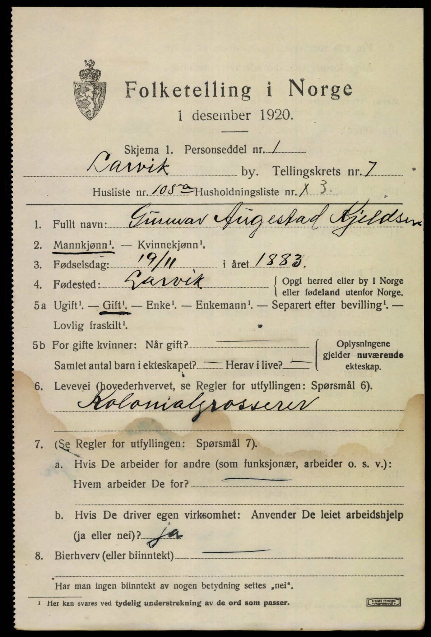 SAKO, 1920 census for Larvik, 1920, p. 22534