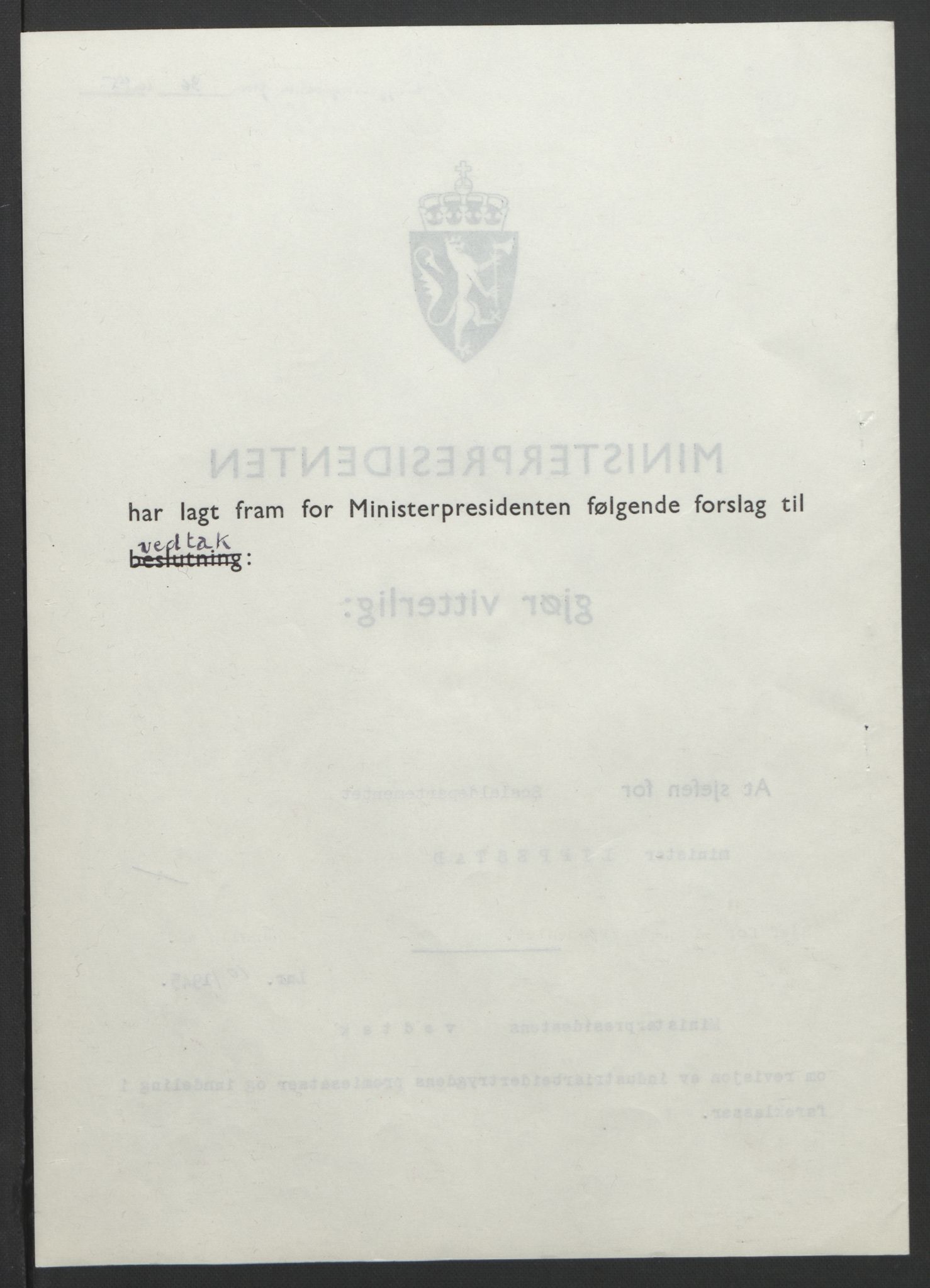 NS-administrasjonen 1940-1945 (Statsrådsekretariatet, de kommisariske statsråder mm), AV/RA-S-4279/D/Db/L0101/0001: -- / Lover og vedtak, 1945, p. 195