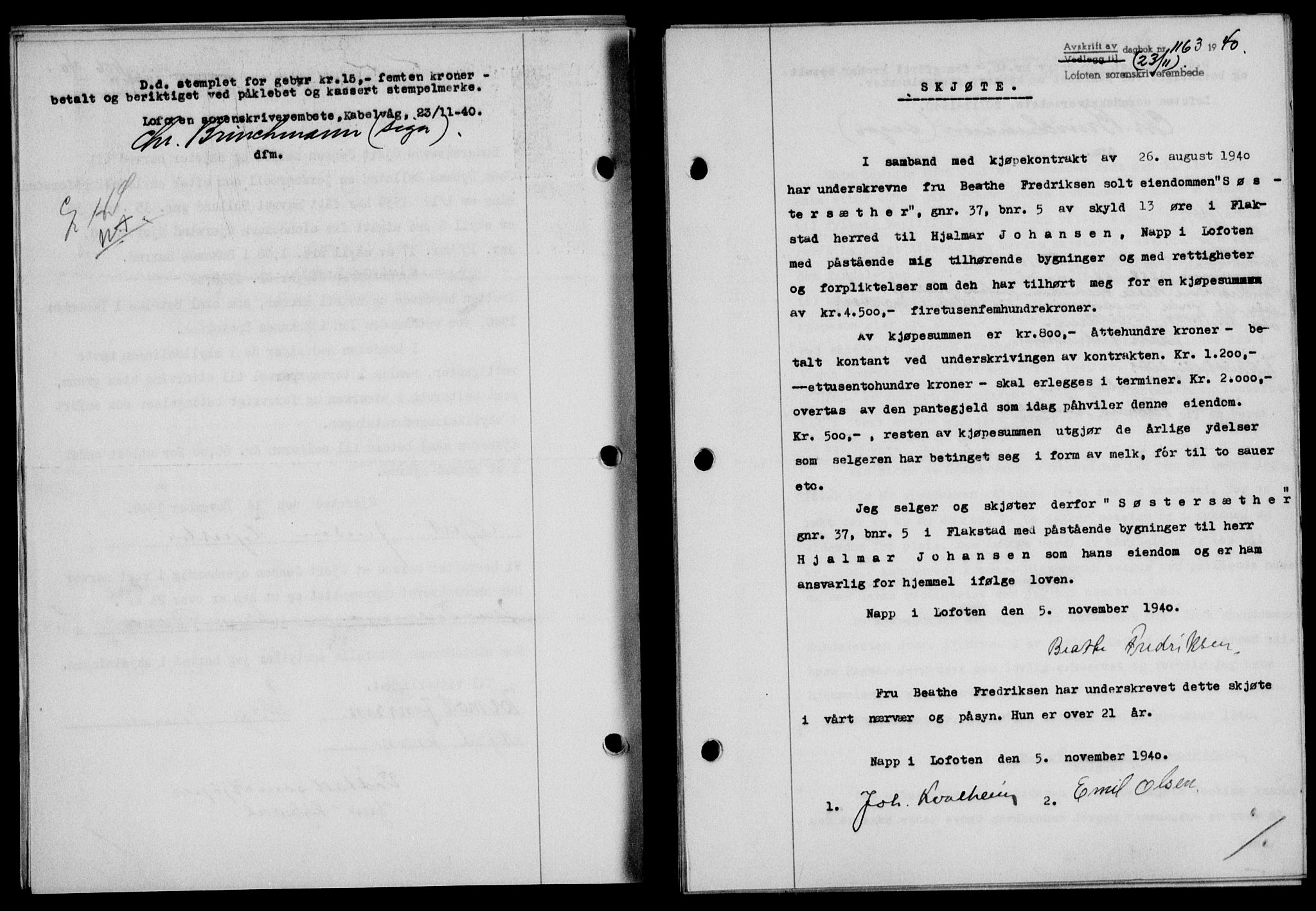 Lofoten sorenskriveri, SAT/A-0017/1/2/2C/L0008a: Mortgage book no. 8a, 1940-1941, Diary no: : 1163/1940