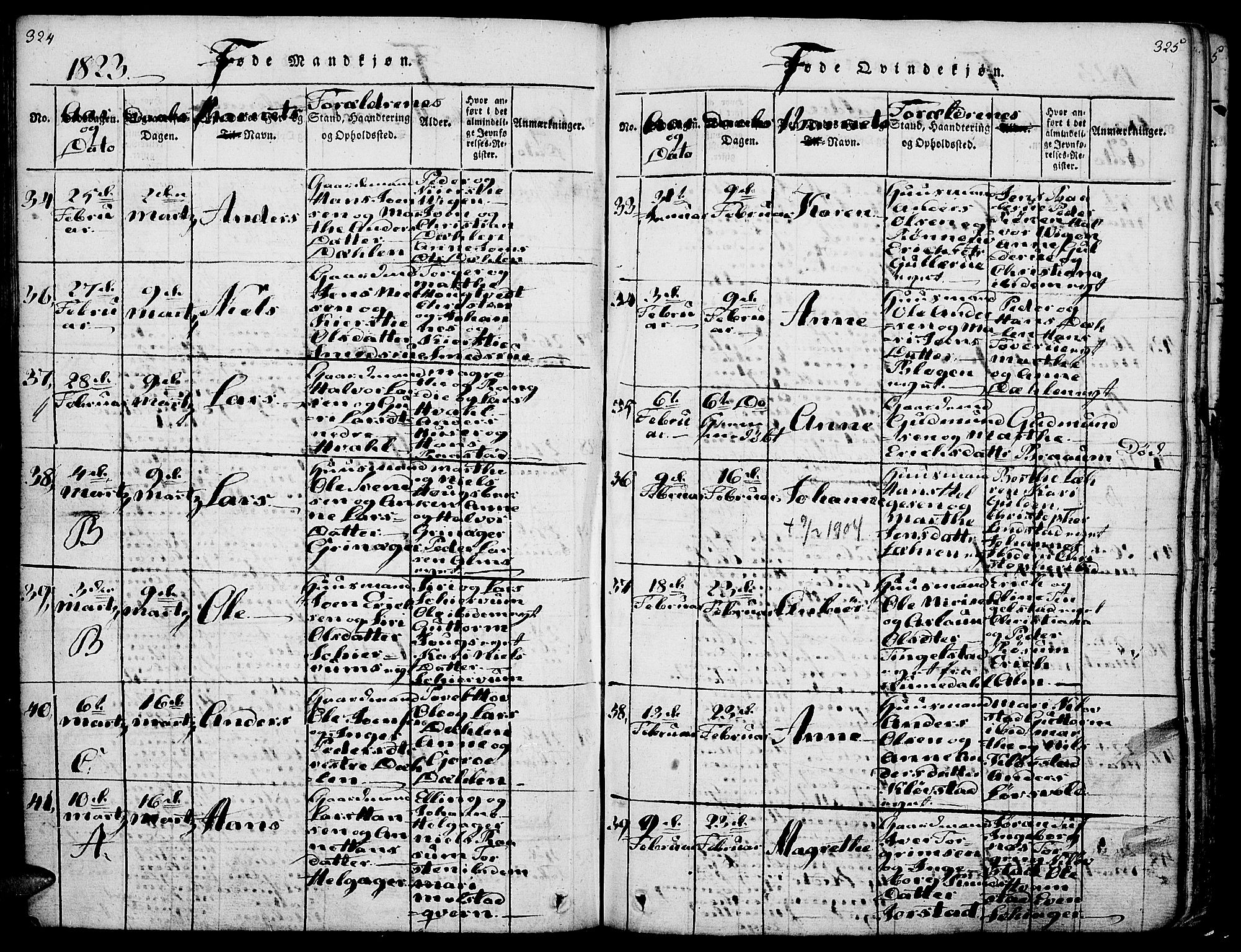 Gran prestekontor, AV/SAH-PREST-112/H/Ha/Haa/L0009: Parish register (official) no. 9, 1815-1824, p. 324-325