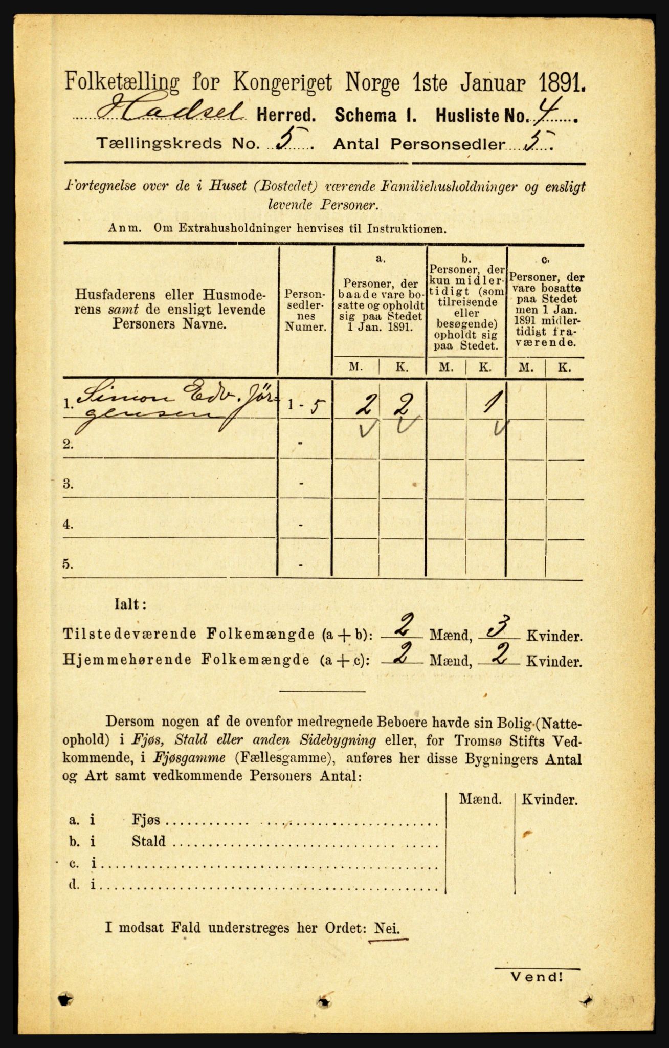 RA, 1891 census for 1866 Hadsel, 1891, p. 2057