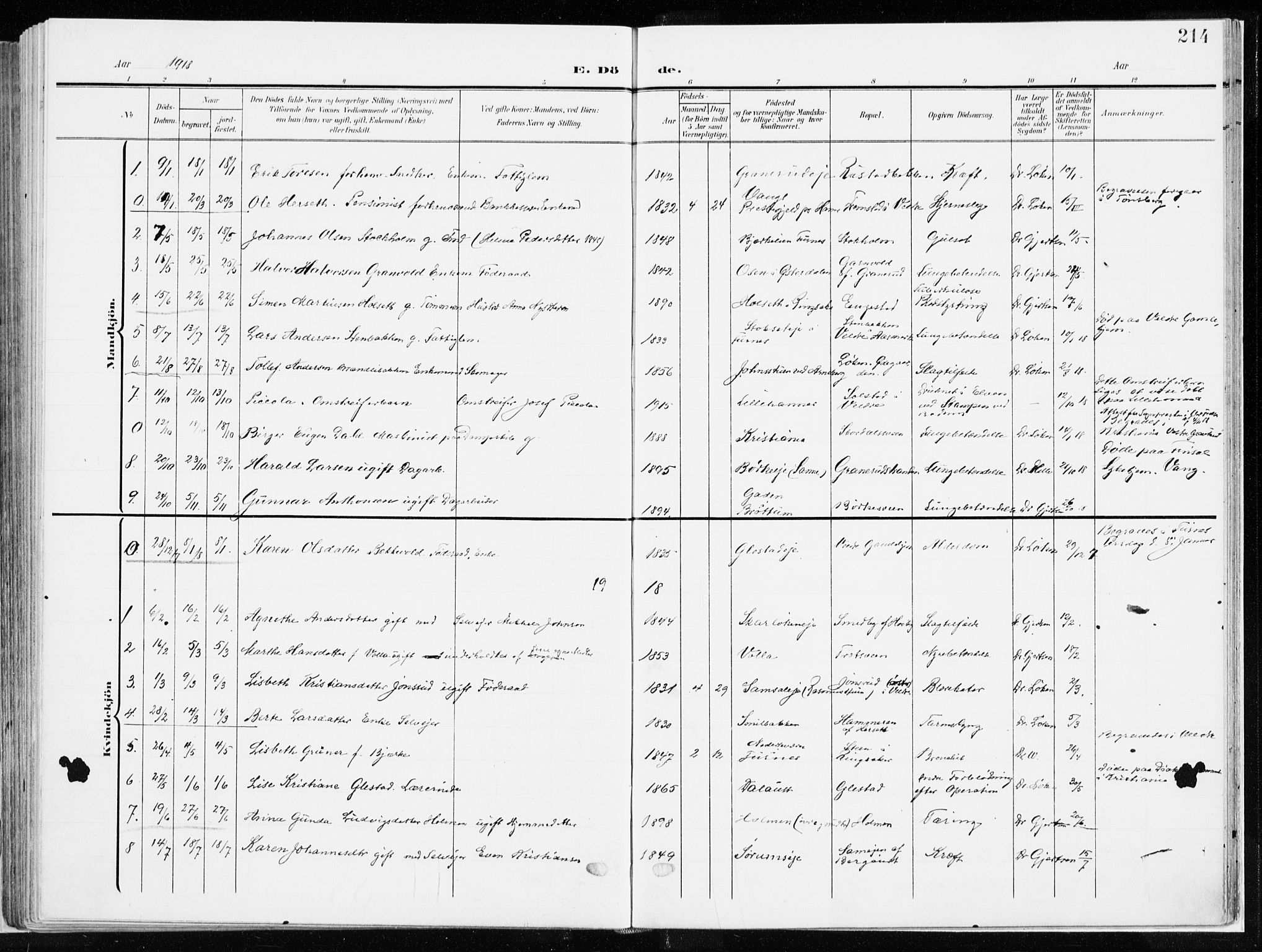 Ringsaker prestekontor, SAH/PREST-014/K/Ka/L0019: Parish register (official) no. 19, 1905-1920, p. 214