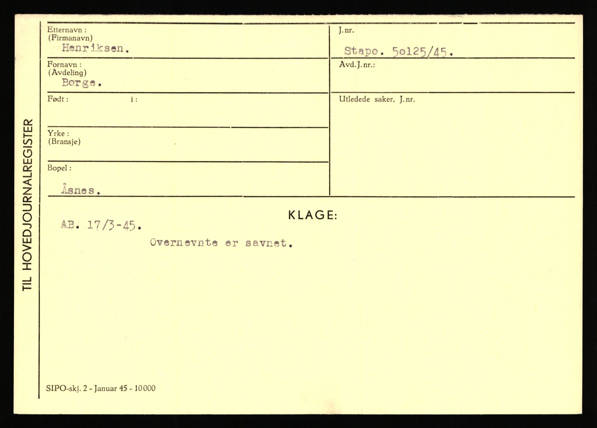 Statspolitiet - Hovedkontoret / Osloavdelingen, AV/RA-S-1329/C/Ca/L0006: Hanche - Hokstvedt, 1943-1945, p. 3645