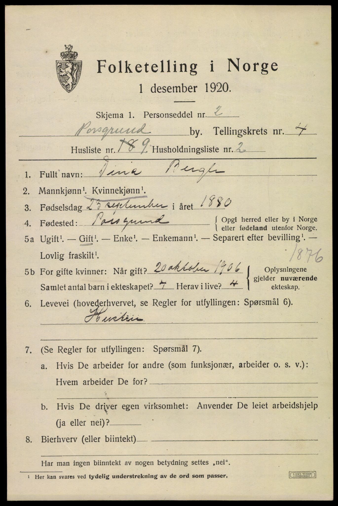 SAKO, 1920 census for Porsgrunn, 1920, p. 18945