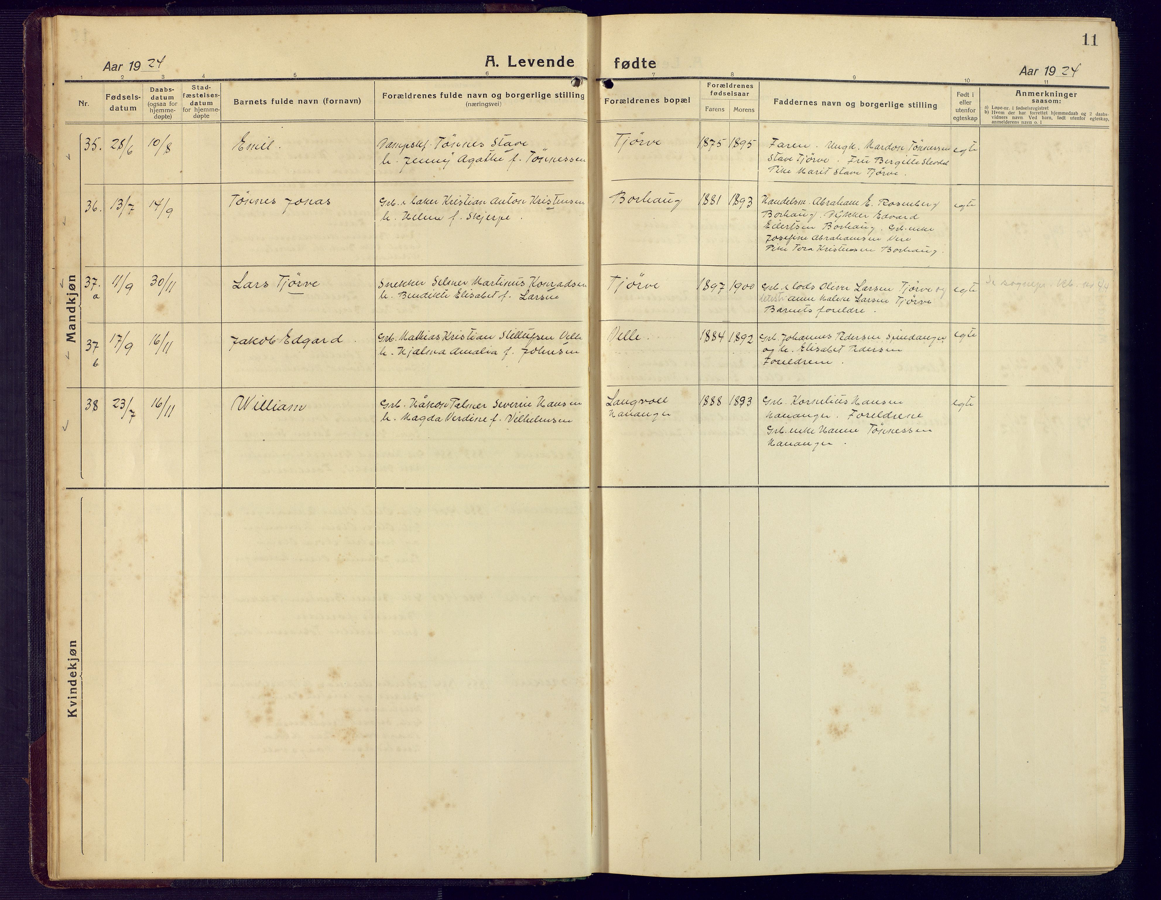 Lista sokneprestkontor, SAK/1111-0027/F/Fb/L0006: Parish register (copy) no. B 6, 1924-1947, p. 11