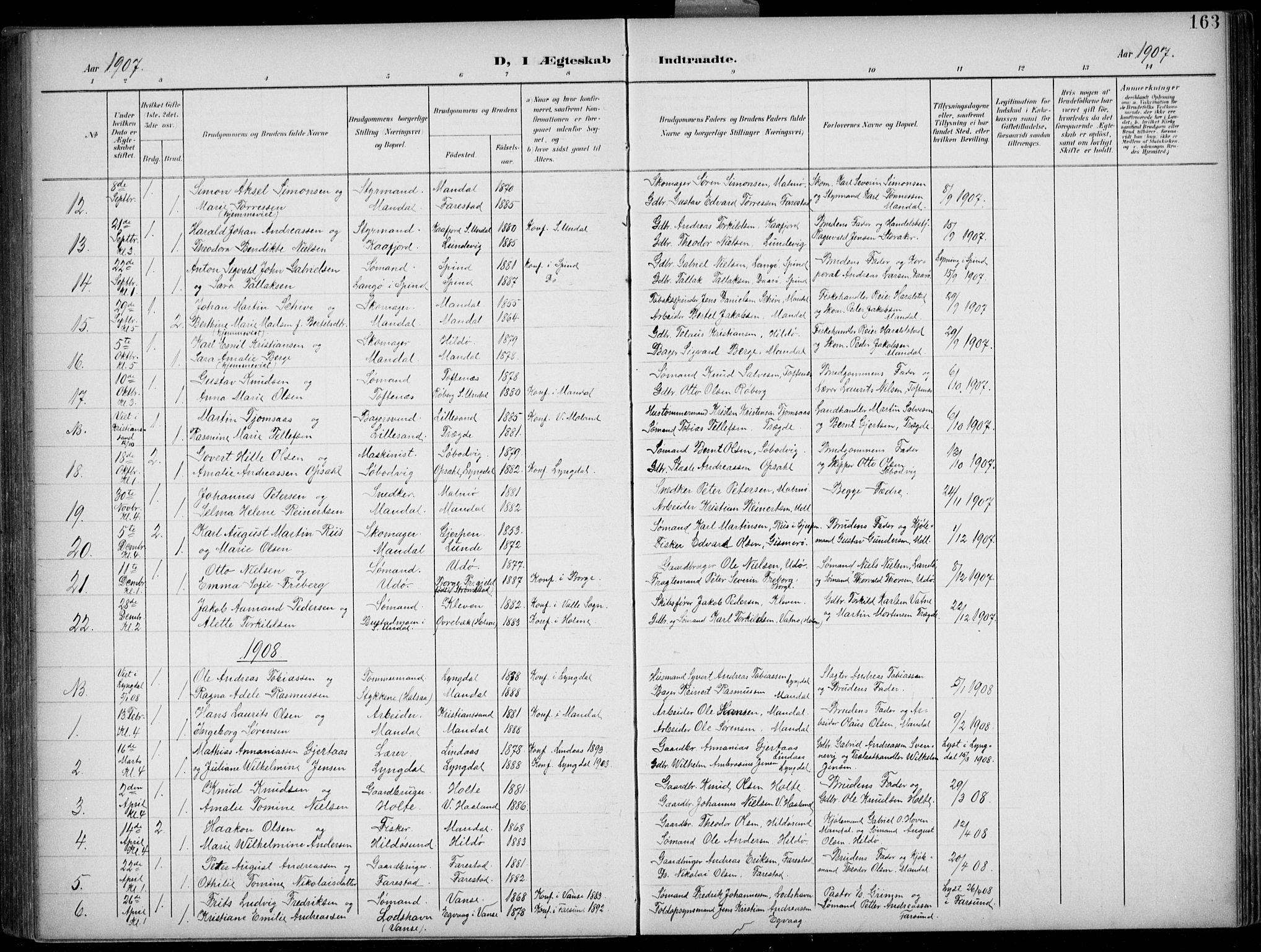 Mandal sokneprestkontor, SAK/1111-0030/F/Fb/Fba/L0012: Parish register (copy) no. B 6, 1899-1918, p. 163