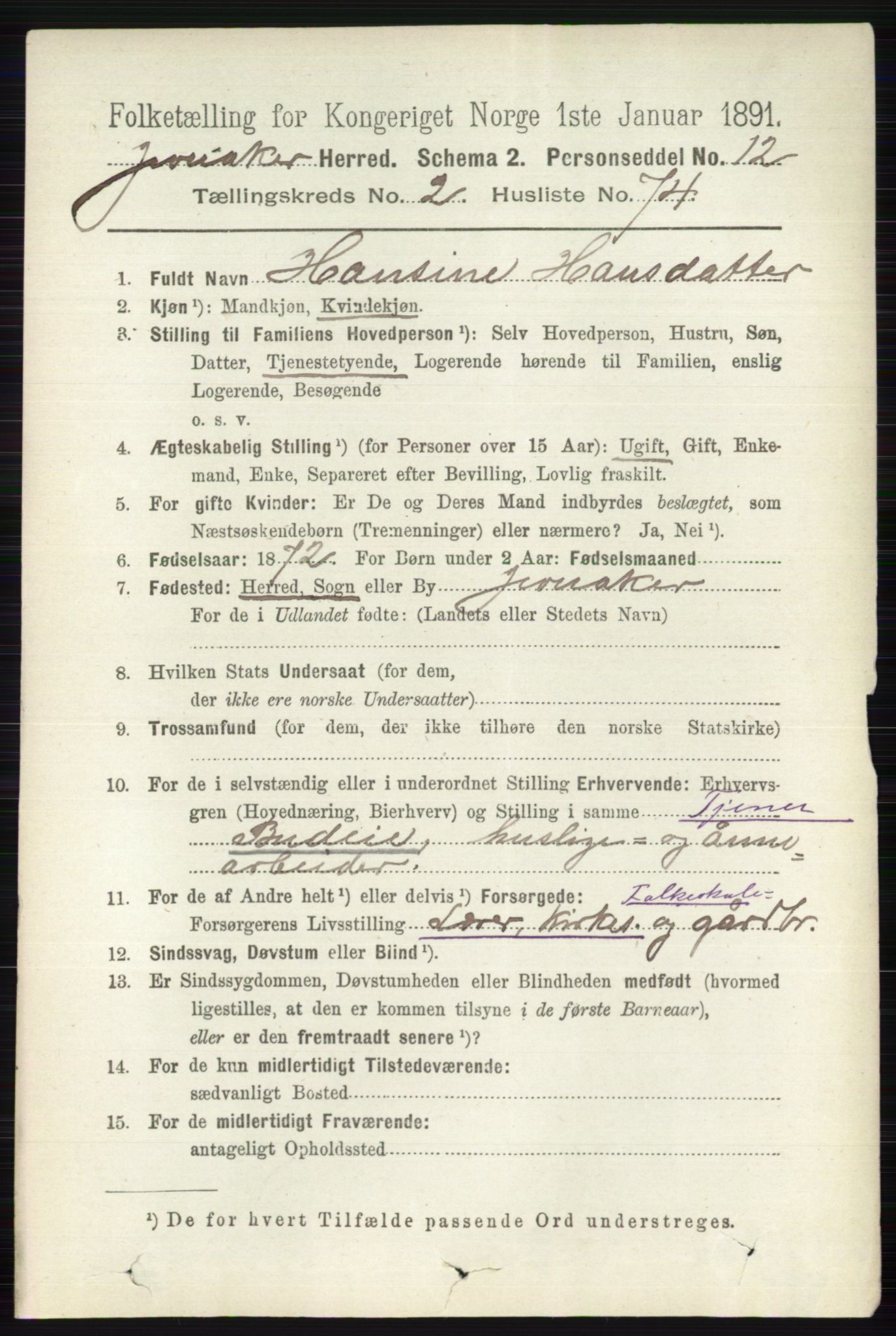 RA, 1891 census for 0532 Jevnaker, 1891, p. 1073